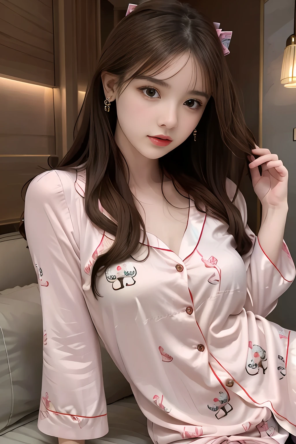 Best quality, masterpiece, super high resolution, (realistic: 1.4), original photo, 1 girl, hairpins, earrings, jewelry, brown hair, looking at the viewer, lips, playful, silk pajamas printed with cute bear pattern, full body photo