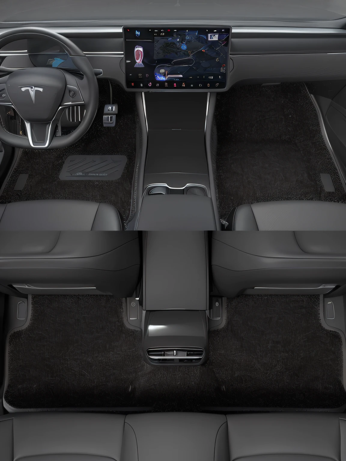 Close-up of a car with a steering wheel and dashboard, top - down view, Top-down view, Highly detailed interior, extremely detailed frontal angle, the console is tall and imposing, car tesla 3, top - view, integrated synthetic android, A top-down view, indoor background, inside car, tesla, high end interior, product design render