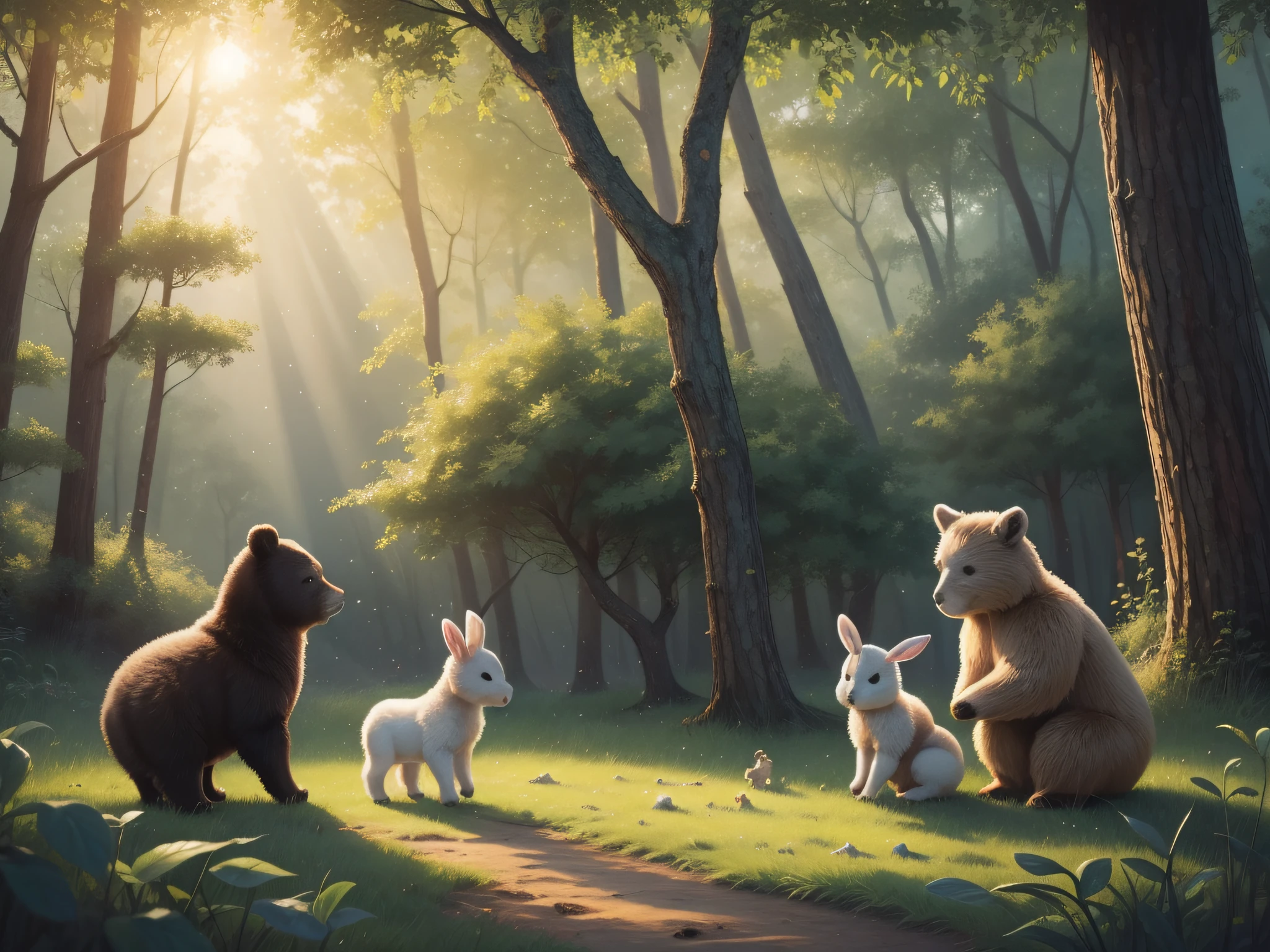 masterpiece, best quality, Children's picture book illustration, A baby bear and a baby goat and a baby rabbit are playing in the forest, afternoon,