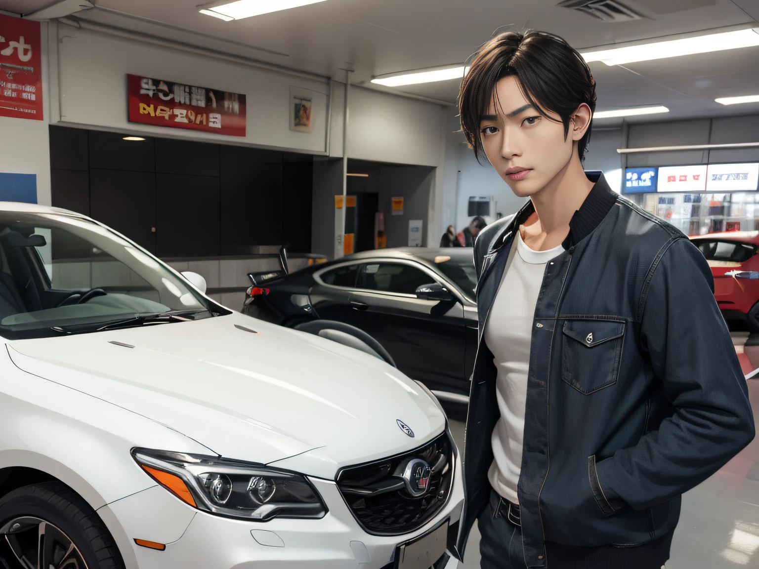 Male with 2 Asian faces,Shop for car supplies in casual wear at the auto supply supermarket,sface focus,Extreme depiction of facial detail