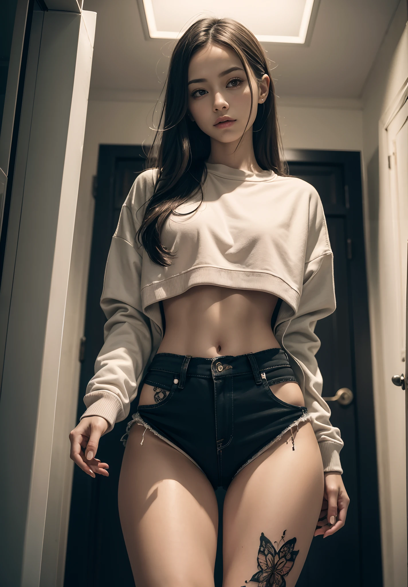Photorealistic, Erotic pose, (Shot from below), (Intricate details, Exaggerated details, hyper-high detail), Self-portrait, (1girll, Beautiful, Delicate face, Innocent, Fair skin, ), ((Casual rough streetwear):1.2), Small waist, (wide thigh gap):1.2, (Wide thighs):1.2, (Masterpiece),Tattoo of the lower abdomen,pink tattoo,coloured photo