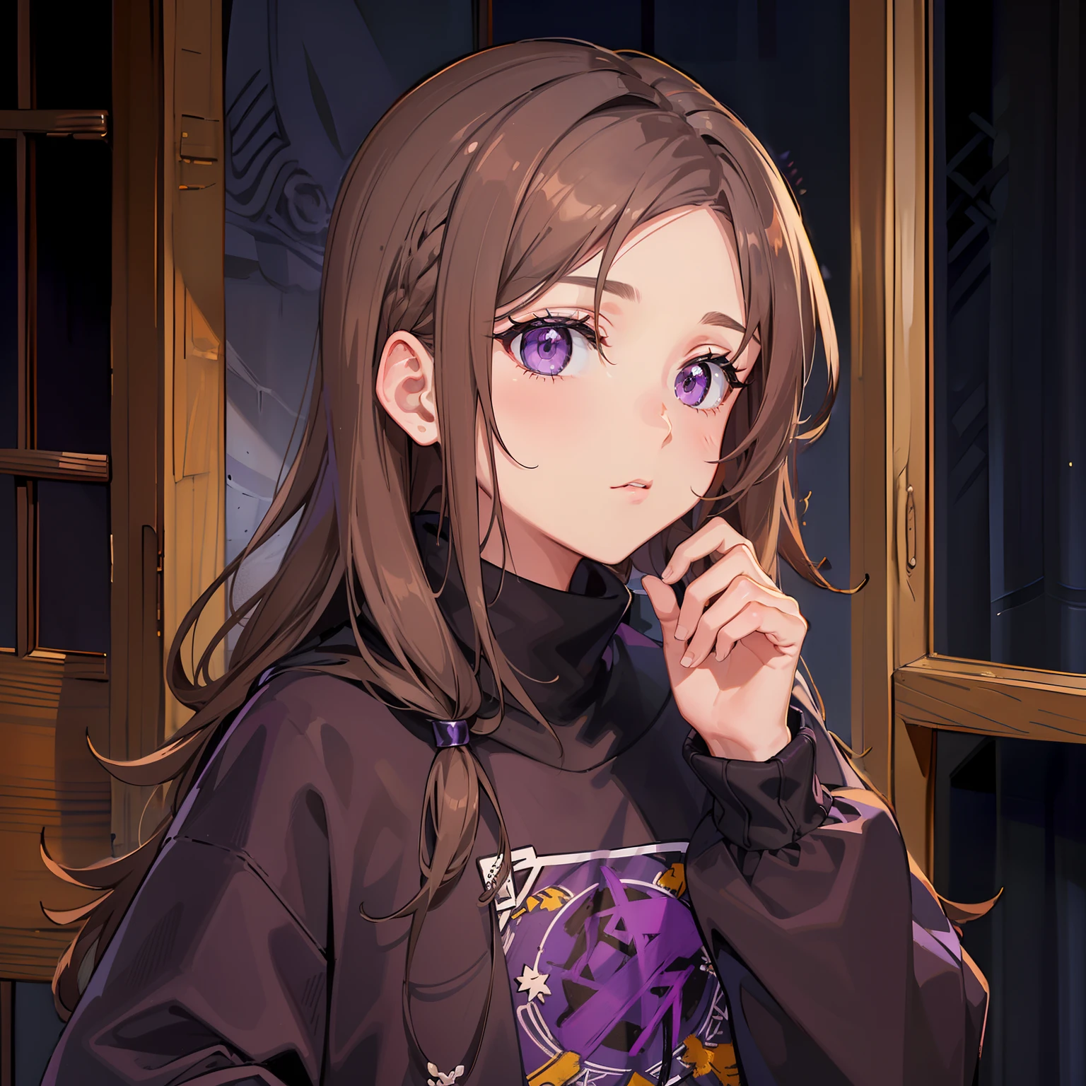 Anime girl with long brown hair and purple eyes standing in front of a ...