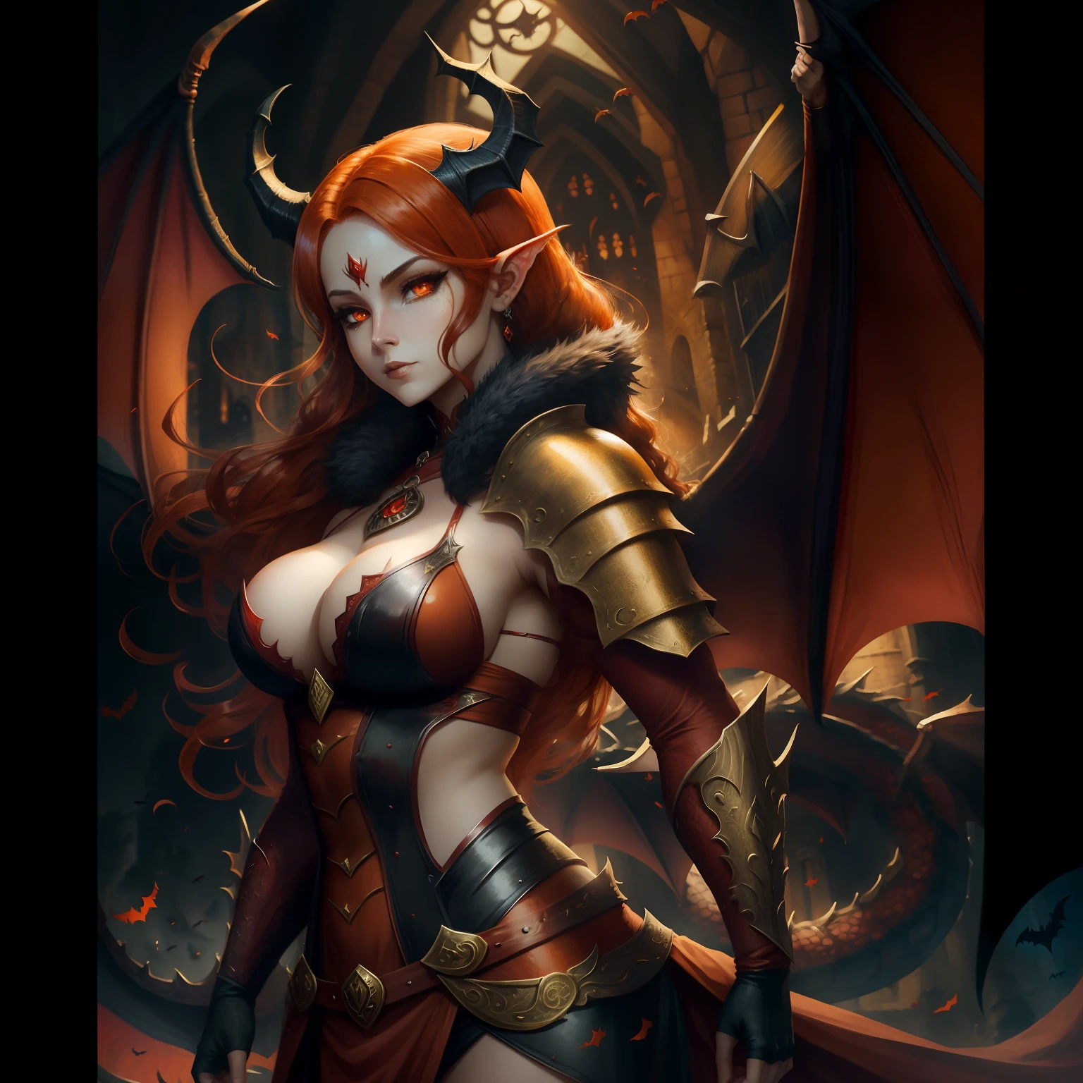 Dragon woman, bat wing, orange eyes, red hair, horns, medieval background, magic around