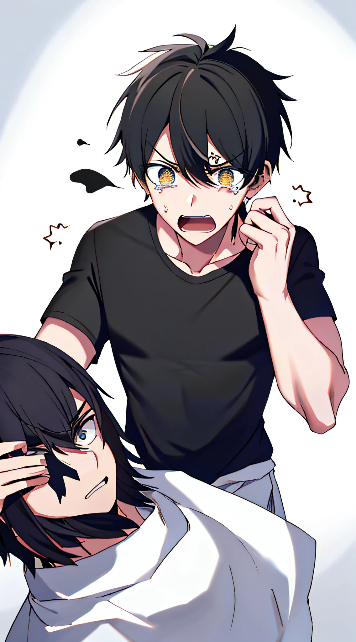 head band(White strips of cloth)Men wear(Black T-shirt and black trousers)Face carrying(The expression of opening his mouth and crying loudly),
