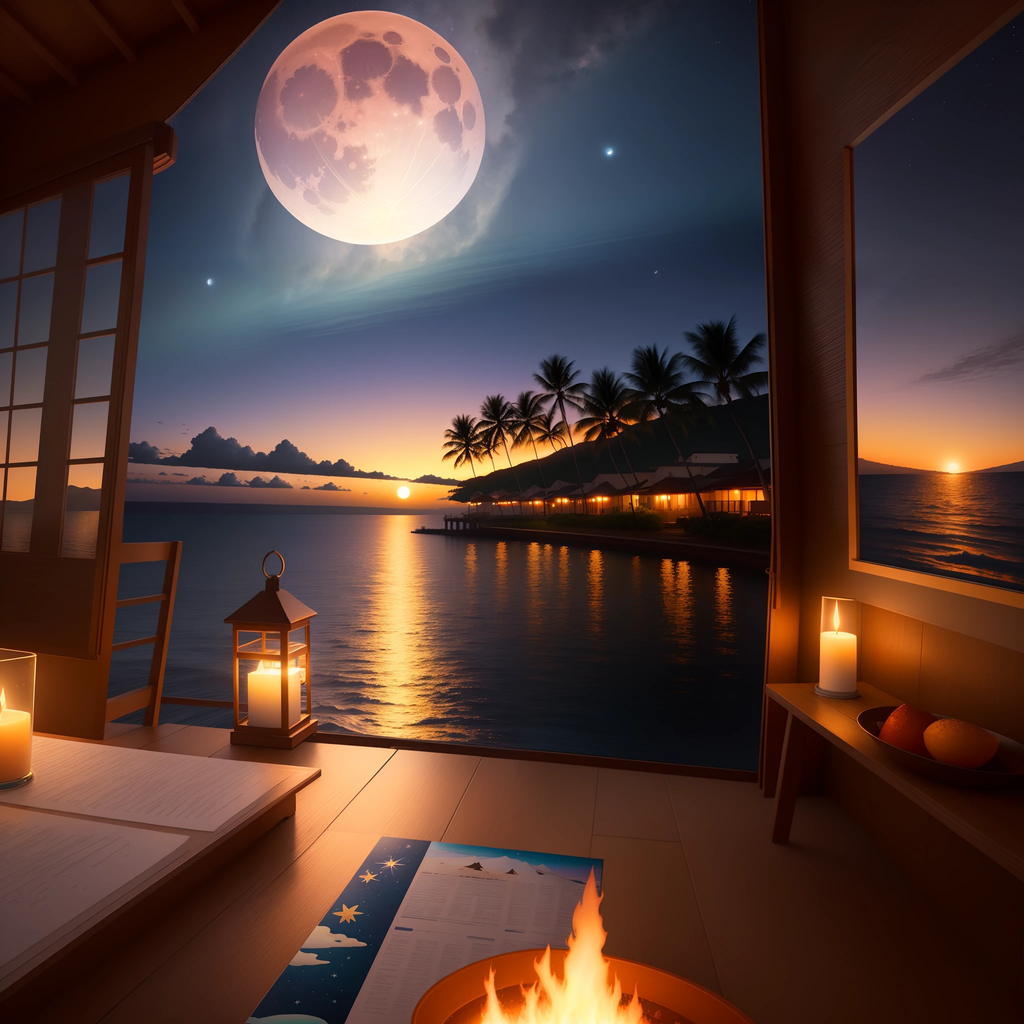 Hawaii Lahaina burning, painting view from the water, at night, full moon, beautiful sky stars style by christian lassen, Best quality, realistic, award-winning illustration in color, (complicated detail: 1.2), (fine detail) christian lassen style