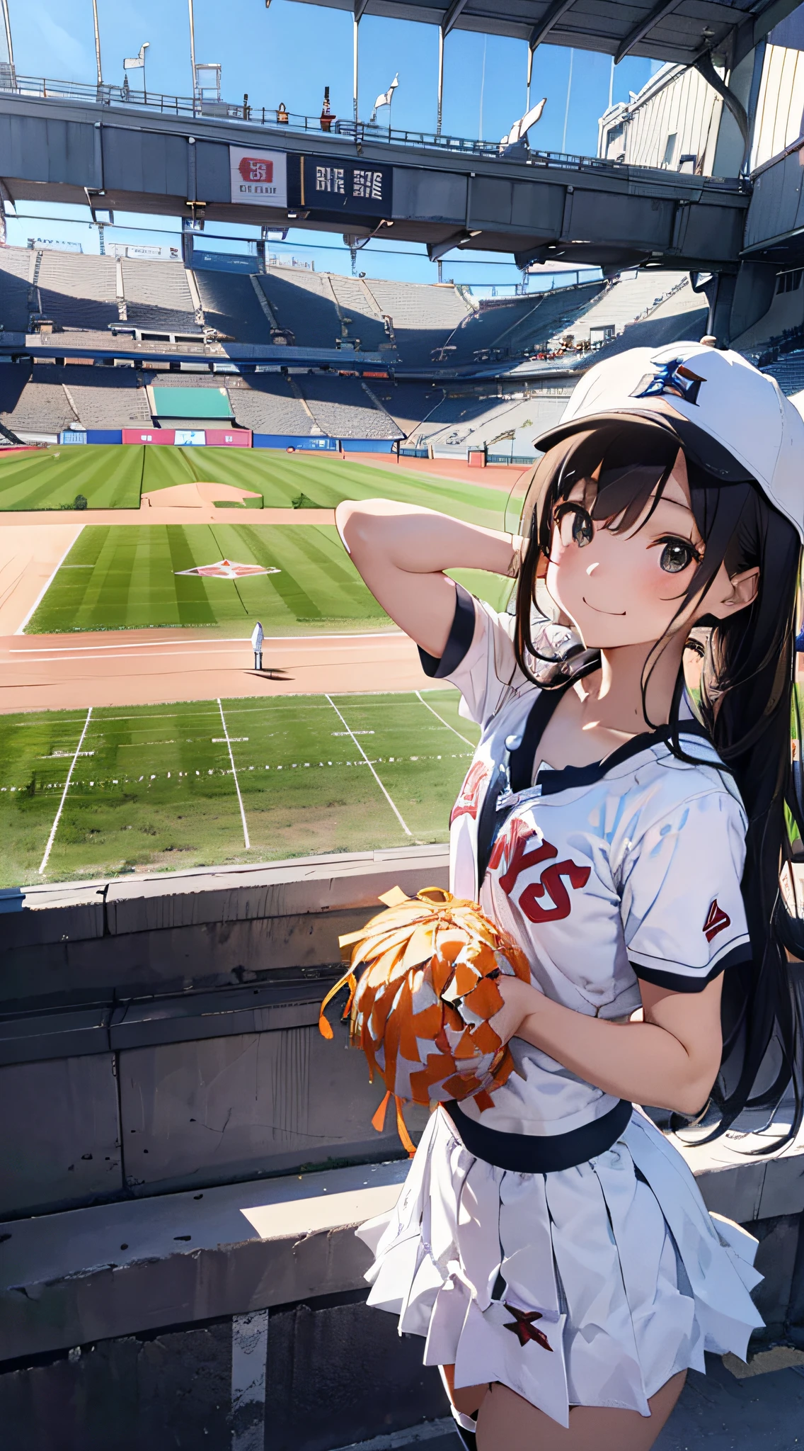(cheerleaders:1.3)、(stadio:1.5)、(tiny chest:1.4)、Raw photography, top-quality, hight resolution, (masterpiece), (Photorealsitic:1.4), animesque, foco nítido, nffsw, 8K分辨率, intricate detailes, depth of fields, the Extremely Detailed CG Unity 8K Wallpapers, front lit, girl with, Smile、(A slender:1.3)、(taken from the under:1.5)、Wear a baseball cap on your head、see -through、Striped panties are visible from the skirt、Cheerleading pom-poms and baseball noisemakers in hand、splatters