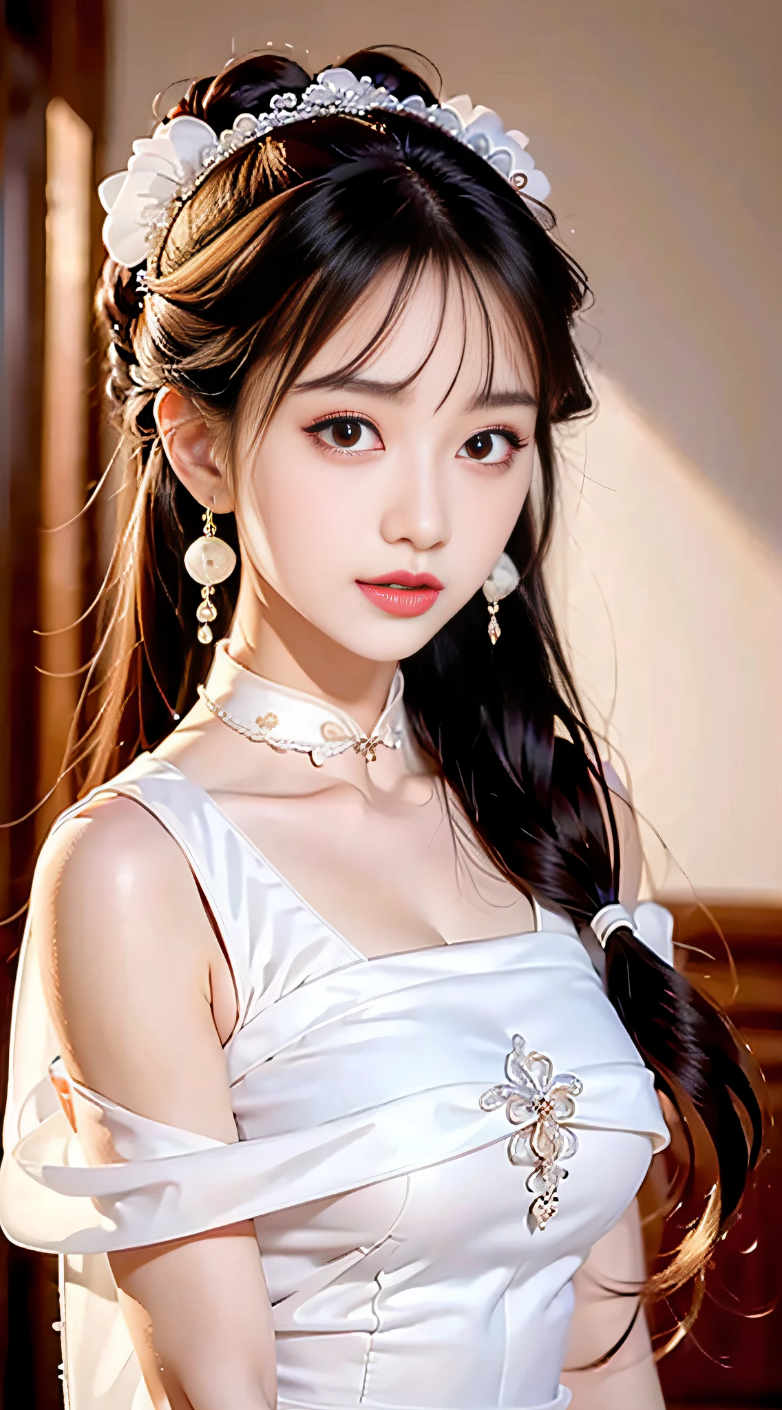 Best quality at best， tmasterpiece， beautiful  face， 1girll， Long_Hair， 独奏， The upper part of the body_Body， Porcelain dress，shift dresses，hair adornments， choker necklace， jewely， long whitr hair， 耳Nipple Ring， Chinese outfit(8K, RAW photo, Photorealistic:1.25) ,( Gloss on lips, eyeslashes, gloss face, Glossy glossy skin, best qualtiy, 超高分辨率, depth of fields, color difference, Caustics, Wide light, naturalshadow, Kpop idol) Being in the room，European style，sitted，sliver long hair，White cheongsam，Red trim，Medium chest detail,8K resolution,超高分辨率,A young girl, A cute girl，short detailed hair，hair-bun，lipsticks，Tassel earrings，choker necklace，Black clear eyes，Smooth hair,鎖骨,Exquisite and perfect facial features, the most beautiful big eyes,Long eyelashes,The eyes are sweet and there are lying silkworms，dynamic angle,Extreme picture quality,Highest precision,Precise and perfect human anatomy，(((Antique tulle red Hanfu，Red embroidery)))，((sitted))，Warm scene，超高分辨率，Ultra-clear vintage black flowing hair，Delicate bun）By bangs，（Long flowing hair，With a bun:1.3）），Delicate collarbones，beautiful make up，Exquisite and perfect facial features，，Big watery eyes，Lying silkworm，Long eyelashes，The eyes are sweet and have eye shadow，Slim waist，Do not show your hands，，lipsticks，Blushlush，Delicate earring earrings，pearls necklace