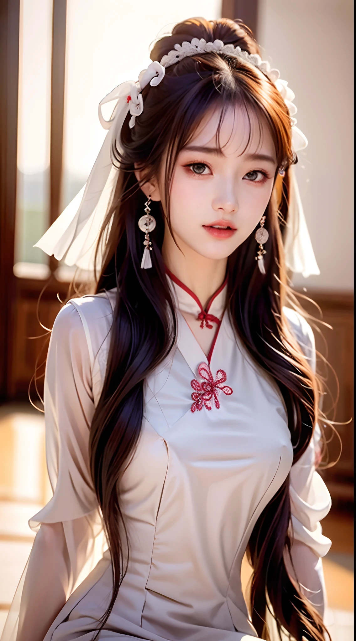 Best quality at best, tmasterpiece, beautiful face, 1girll, Long_Hair, 独奏, The upper part of the body_Body, Porcelain dress,shift dresses,hair adornments, choker necklace, jewely, long whitr hair, 耳Nipple Ring, Chinese outfit(8K, RAW photo, Photorealistic:1.25) ,( Gloss on lips, eyeslashes, gloss face, Glossy glossy skin, best qualtiy, 超高分辨率, depth of fields, color difference, Caustics, Wide light, naturalshadow, Kpop idol) Being in the room,European style,sitted,sliver long hair,Blue cheongsam,White trim,Medium chest detail,8K resolution,超高分辨率,A young girl, A cute girl,short detailed hair,hair-bun,lipsticks,Tassel earrings,choker necklace,Black clear eyes,Smooth hair,鎖骨,Exquisite and perfect facial features, the most beautiful big eyes,Long eyelashes,The eyes are sweet and there are lying silkworms,dynamic angle,Extreme picture quality,Highest precision,Precise and perfect human anatomy,(((Antique tulle red Hanfu,Red embroidery))),((sitted)),Warm scene,超高分辨率,Ultra-clear vintage black flowing hair,Delicate bun)By bangs,(Long flowing hair,With a bun:1.3)),Delicate collarbones,beautiful make up,Exquisite and perfect facial features,,Big watery eyes,Lying silkworm,Long eyelashes,The eyes are sweet and have eye shadow,Slim waist,Do not show your hands,,lipsticks,Blushlush,Delicate earring earrings,pearls necklace