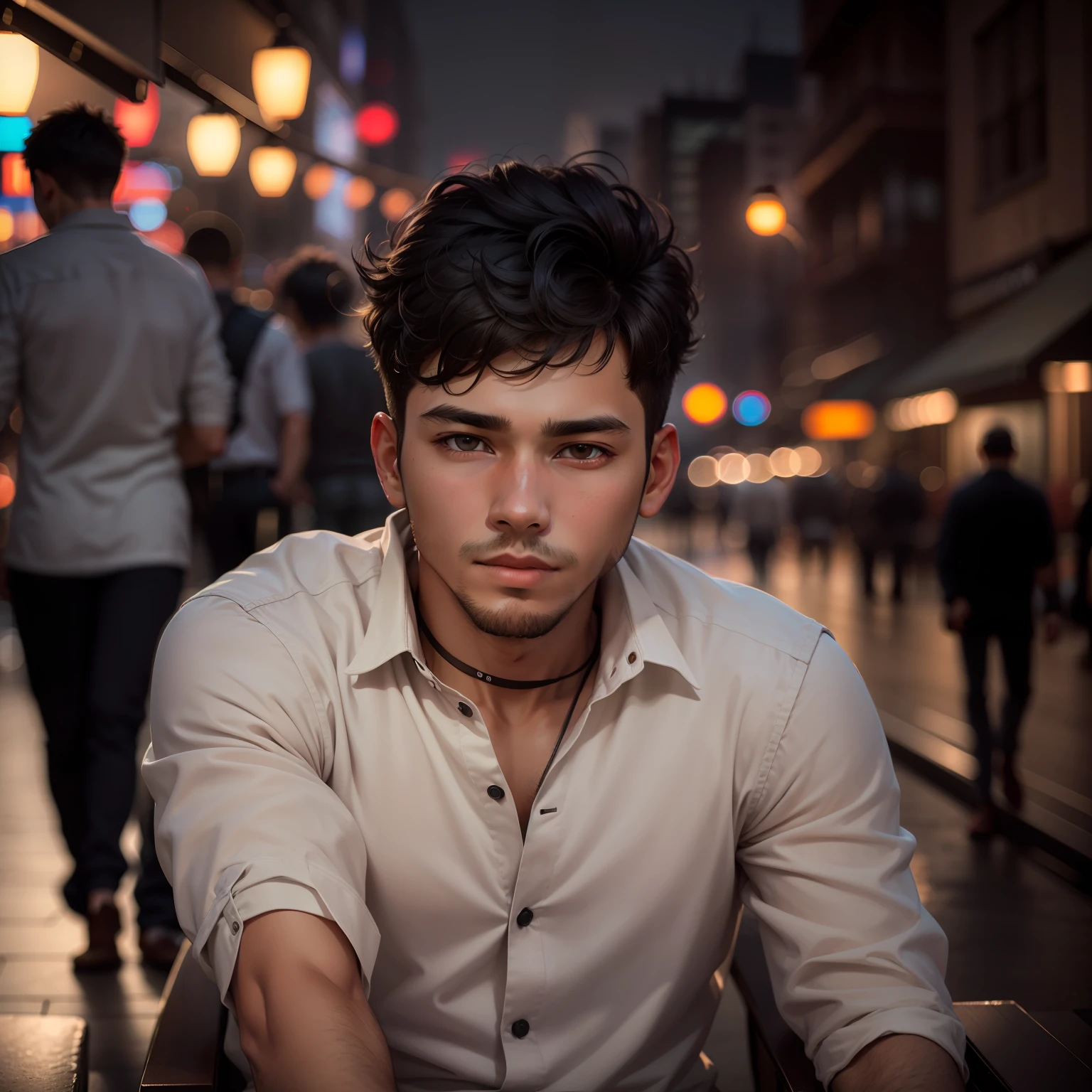 RAW photo, a portrait photo of 25 y.o man in casual clothes, night, city street, (high detailed skin:1.2), 8k uhd, dslr, soft lighting, high quality, film grain, Fujifilm XT3