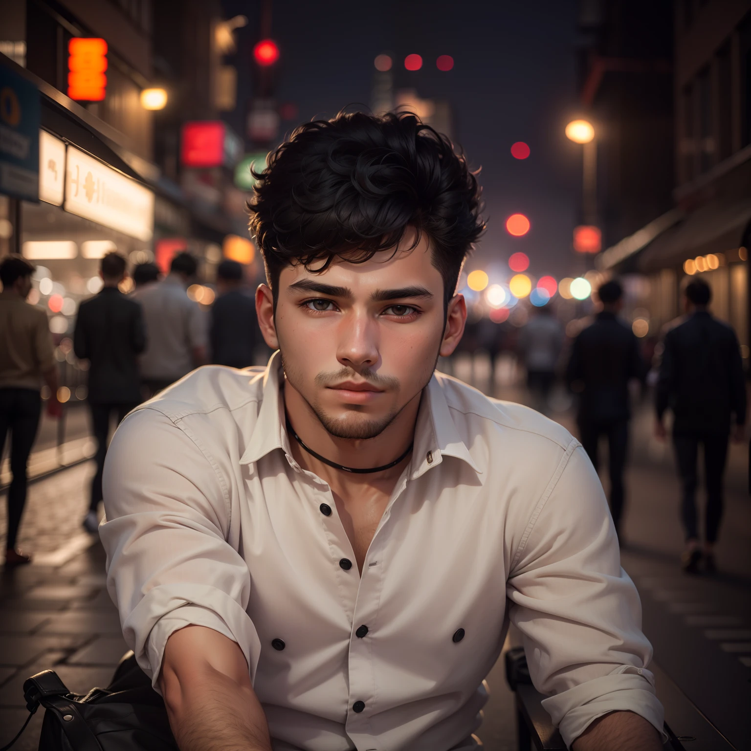 RAW photo, a portrait photo of 25 y.o man in casual clothes, night, city street, (high detailed skin:1.2), 8k uhd, dslr, soft lighting, high quality, film grain, Fujifilm XT3