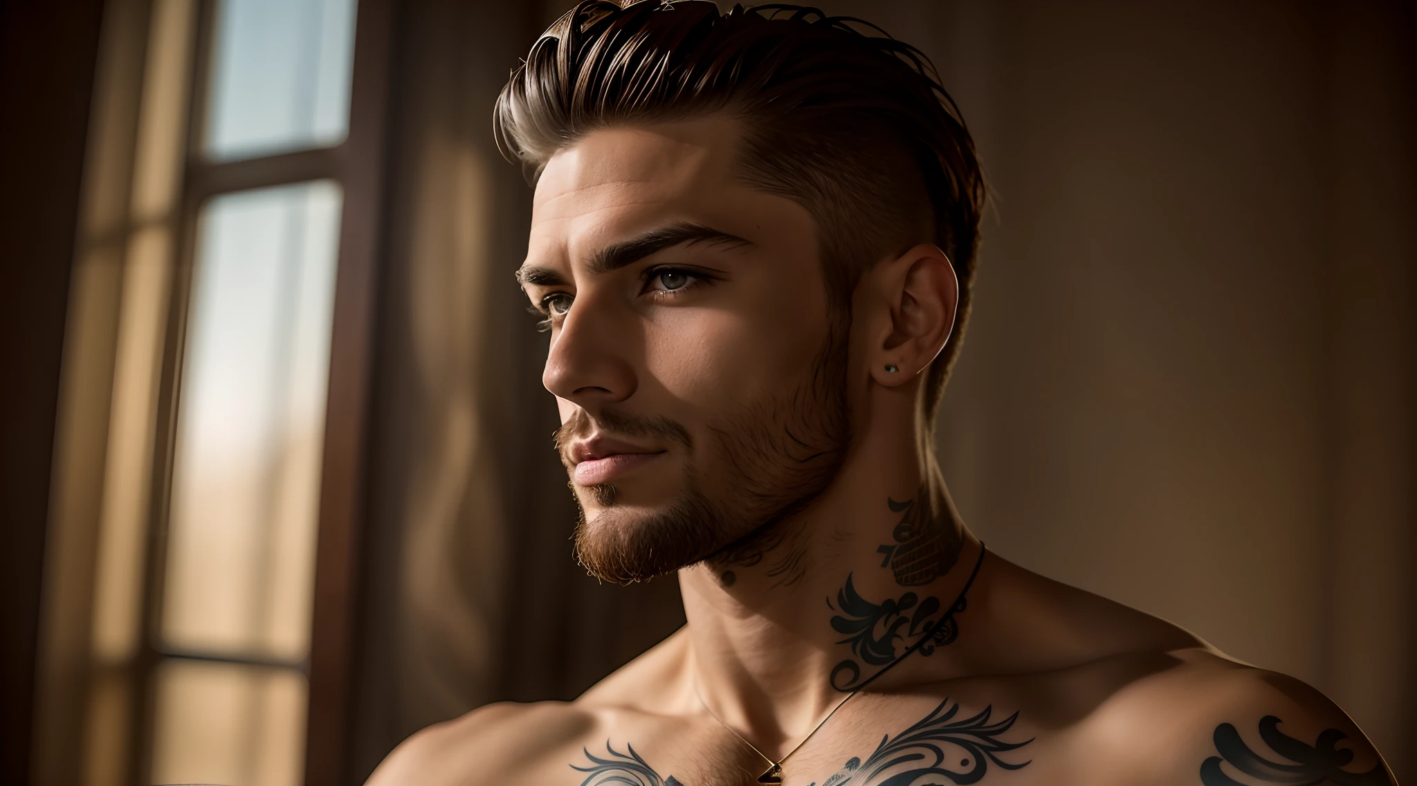 arafed man with tattoos on his chest and chest looking out a window, strong masculine features, young man with beautiful face, chiseled jawline, well-groomed model, masculine features, masculine jawline, slicked back hair, slicked-back hair, short slicked - back hair, lean man with light tan skin