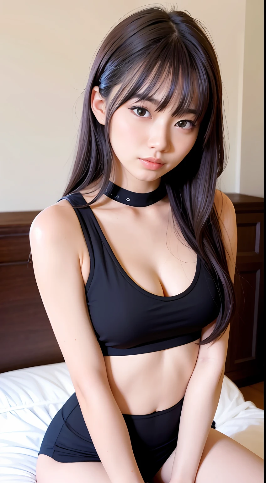 The 8k quality、Top image quality、超A high resolution、masterpiece、Photorealsitic、(RAW Raw Photography:1.2)、top-quality、Korea person、Idol、21-year-old beauty、a beautiful detailed girl、Slim body、Slender body、small tits、tiny chest、croptop、skirt by the、knee high socks、sit on a bed、sit down and open legs、smil、light brown hair、extremely detailed eye and face、beatiful detailed eyes、eye line、lofty nose、a small face、Natural sunlight、depth of fields、Blurry background、hight resolution、8k wallpaper、finely detail、Very detailed 8k wallpaper、sexy pose、(photorealisim:1.4)、super detailing、Digital SLR、Soft lighting、hightquality、film grains、Dynamic poses、