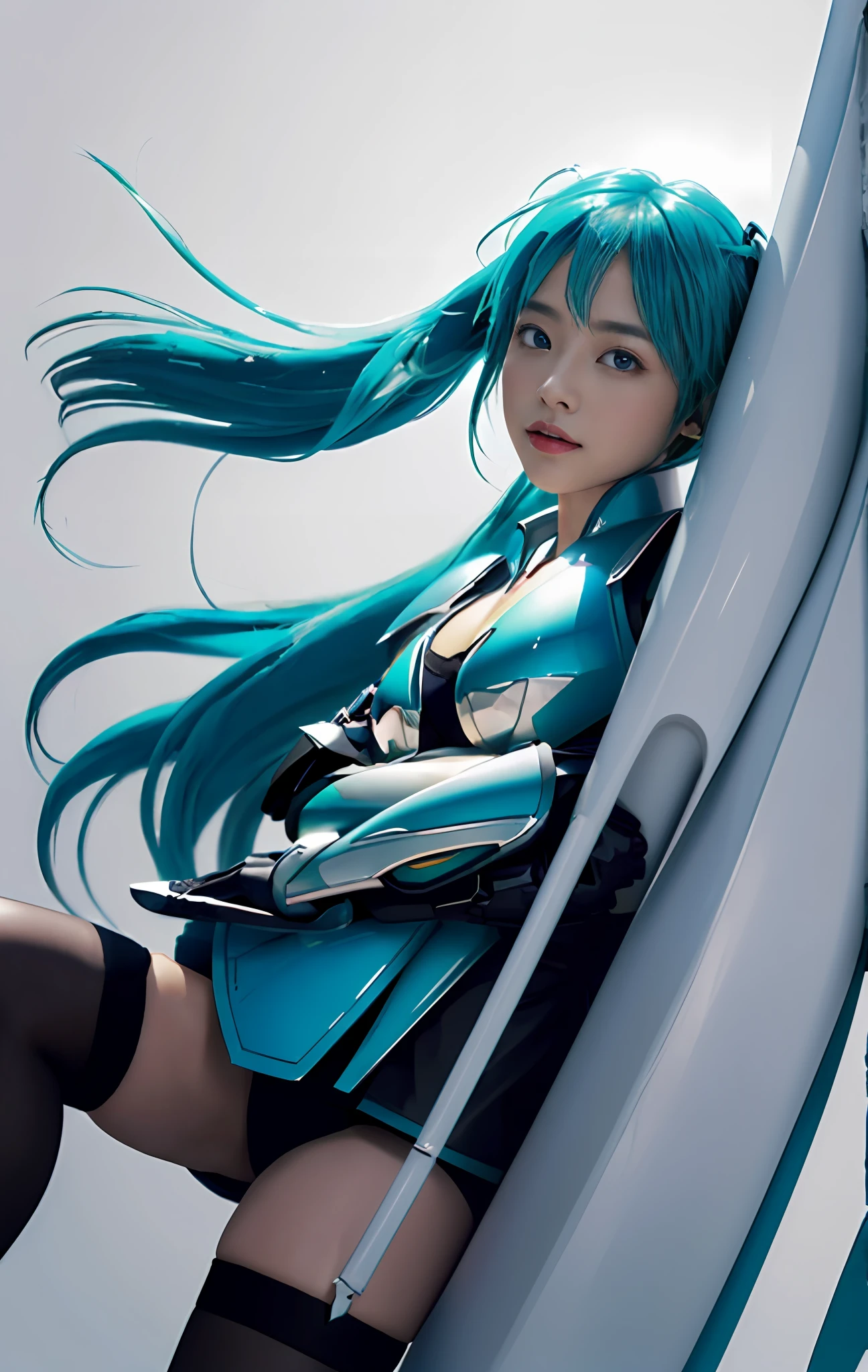 (One lady)、(tmasterpiece)、(best qualtiy)、(ultra - detailed)、(a high chroma)、(CG illustration)、hight contrast、((low angles))、vocaloid、((miku hatsune))、(Fine and beautiful eyes)、Delicate beautiful face、((Flowing hair))、(( Gundam armor))、see through shirt、(Black stockings)、((B cup breasts))、((teaxs)) 、The best lighting、spread their legs、Floating inside、simple background,Stand up,Stand up,Flame it up