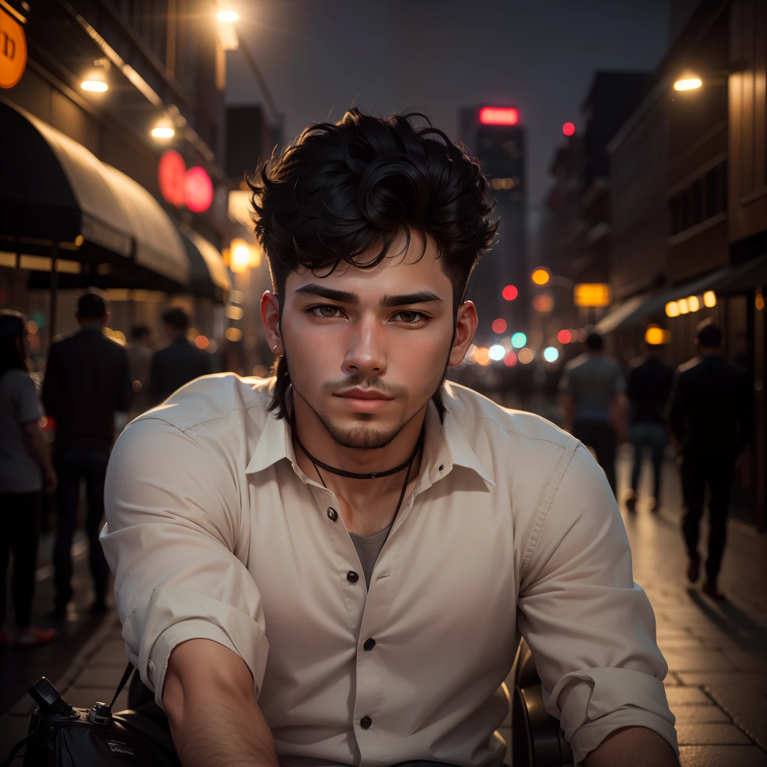 RAW photo, a portrait photo of 25 y.o man in casual clothes, night, city street, (high detailed skin:1.2), 8k uhd, dslr, soft lighting, high quality, film grain, Fujifilm XT3