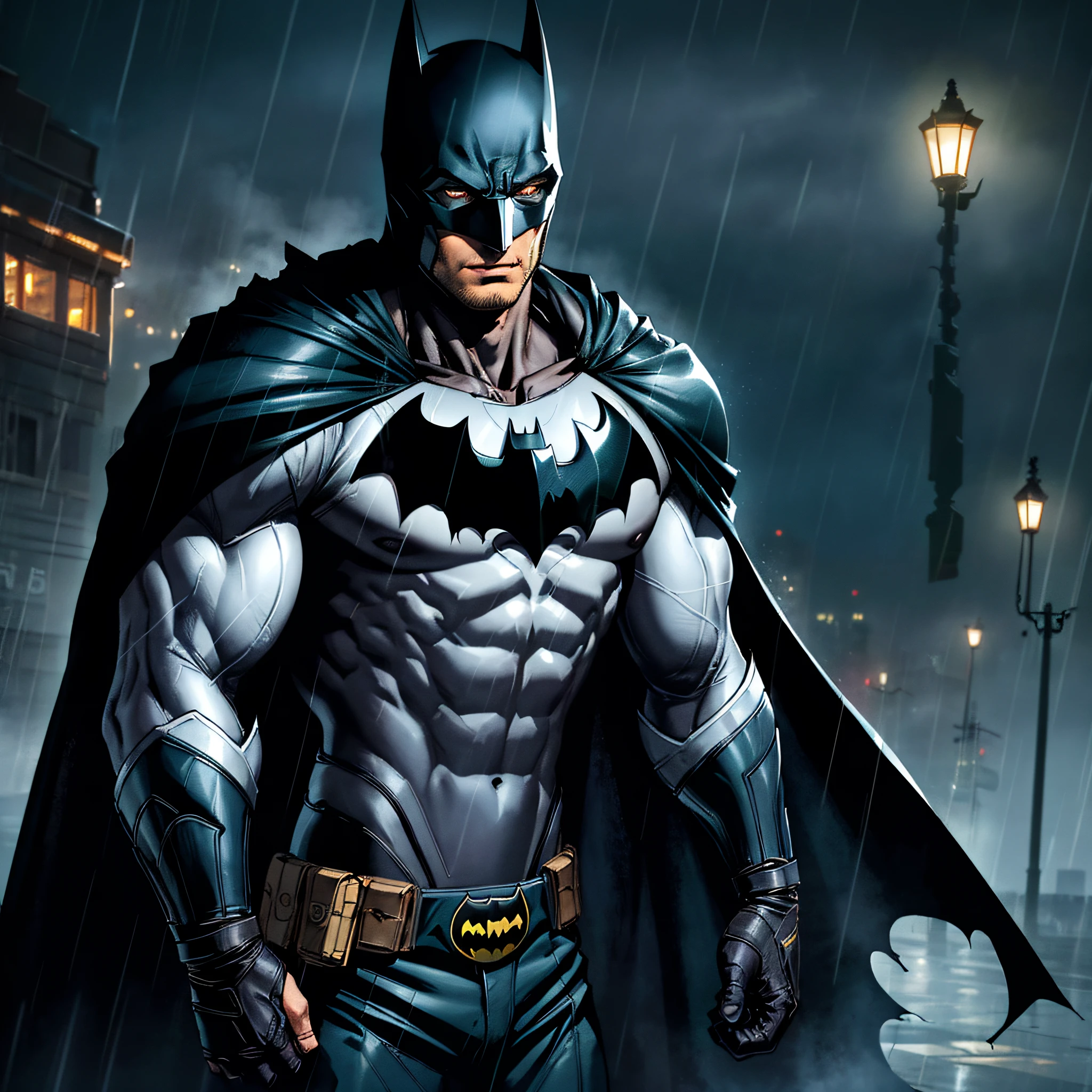 1boy, dark scene, (cowboy shot of batman), athletic, white eyes, no pupils, night city, (mist), particles, light rain, male focus, mask, muscular, muscular male, ragged and torn cape, night, outdoors, rain, serious, dark atmosphere, detailed background, jim lee, ((empty hands)), award winning, masterpiece, realistic:1.35,