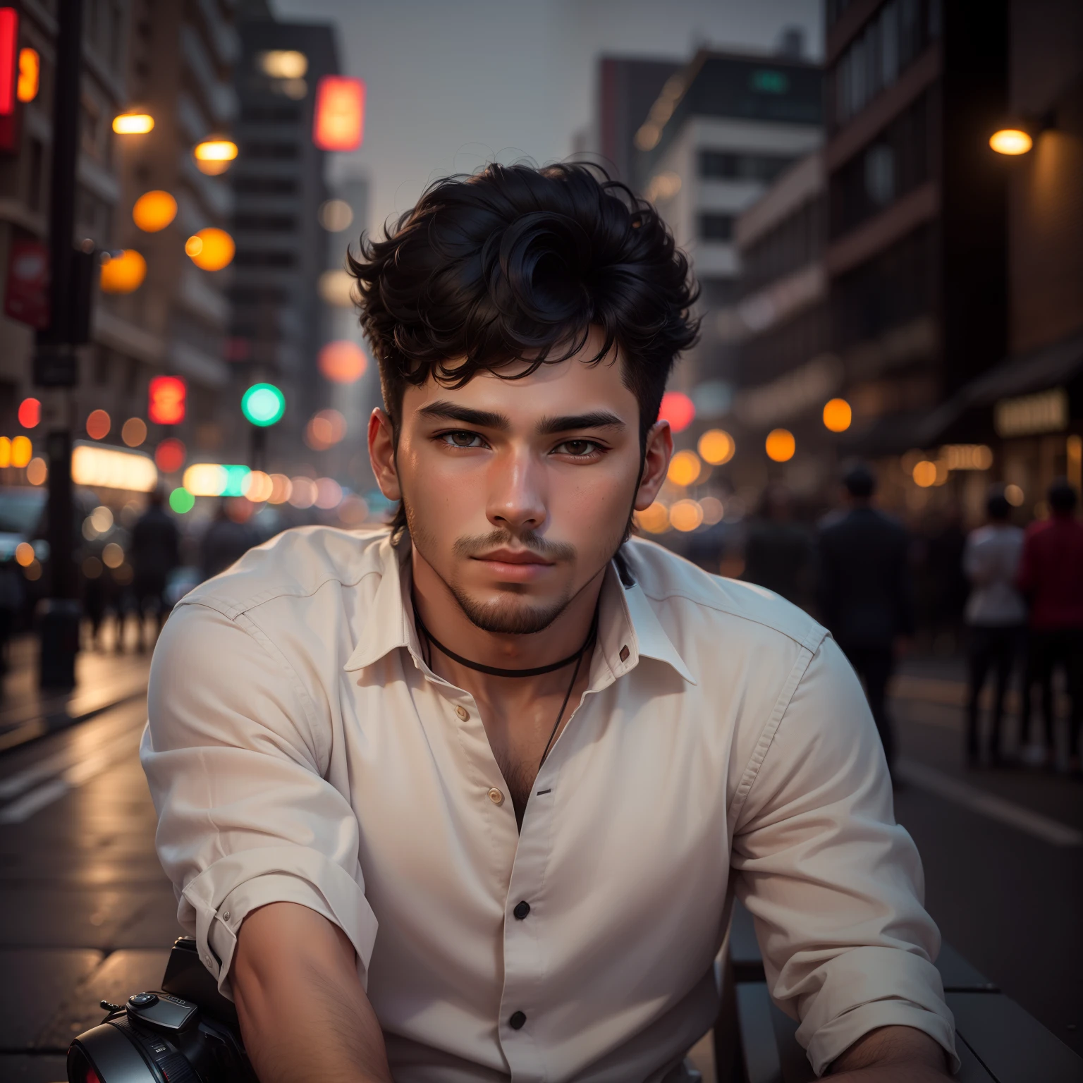 RAW photo, a portrait photo of 25 y.o man in casual clothes, night, city street, (high detailed skin:1.2), 8k uhd, dslr, soft lighting, high quality, film grain, Fujifilm XT3