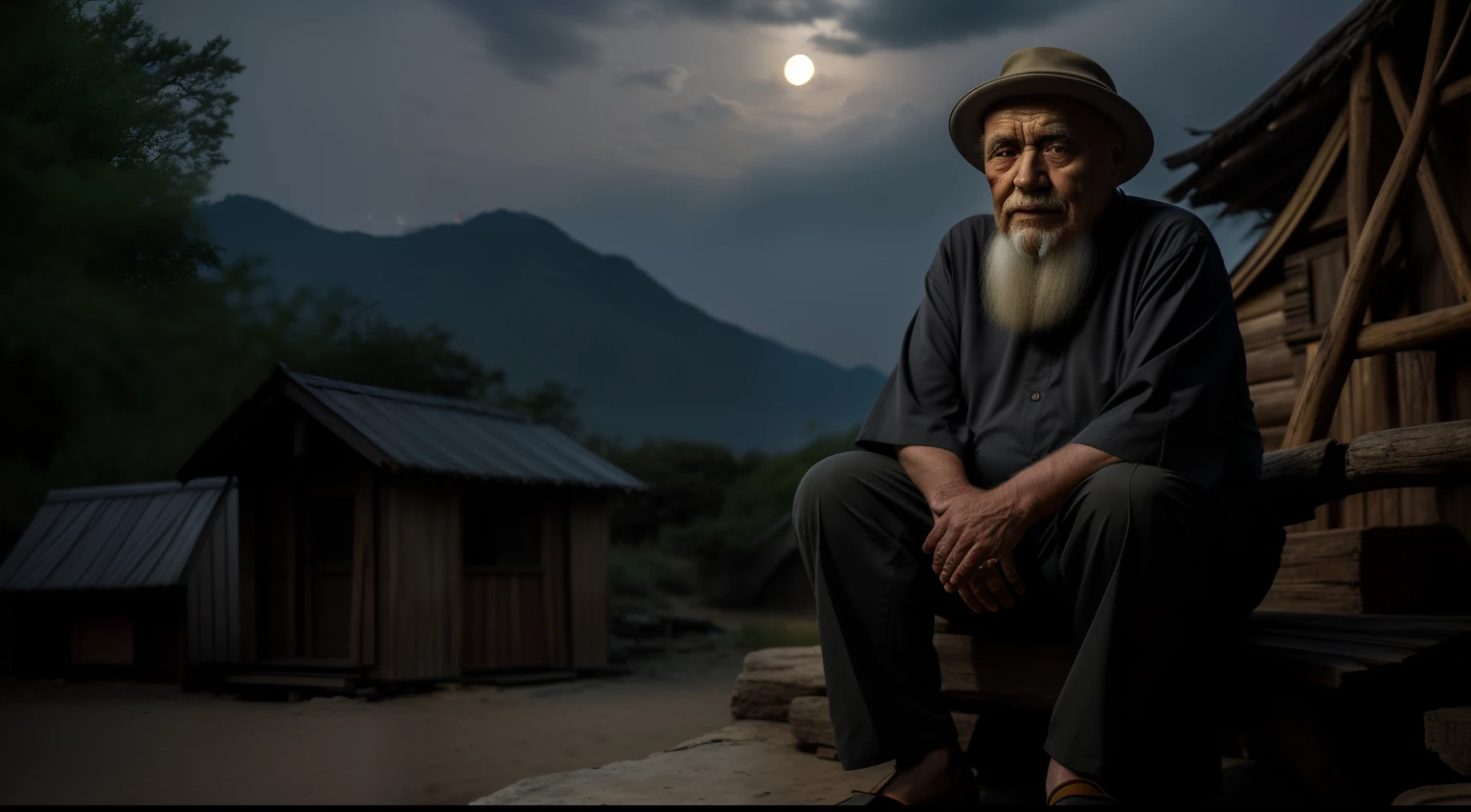 The Arafed man sat on the wood in front of the hut,The background is the full moon。, Wise old man, An old man, old man, portrait photo of an old man, pexels contest winner, Midshot Portrait, portrait shooting, The sage looked into the distance, Sharp focus,with piercing eyes,详细的脸,high detal,author:Ihor Podolchak, mid shot portrait, moon behind him