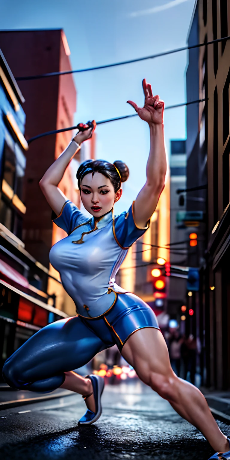 Woman in her 20s, chun-li, gorgeous, (perfect face), defined chin, beautiful deep brown eyes, beautiful lips, (short brown hair, bun, double bun), (perfect anatomy), (athletic body), (sexy), (thick thighs), (perfect hands), (blue cheongsam), blue tights, pointed bracelets, looking at the viewer, (full mid-plane photograph), (fight arena background), realistic, street fudo chinese trade, background fire dragon unleashed.