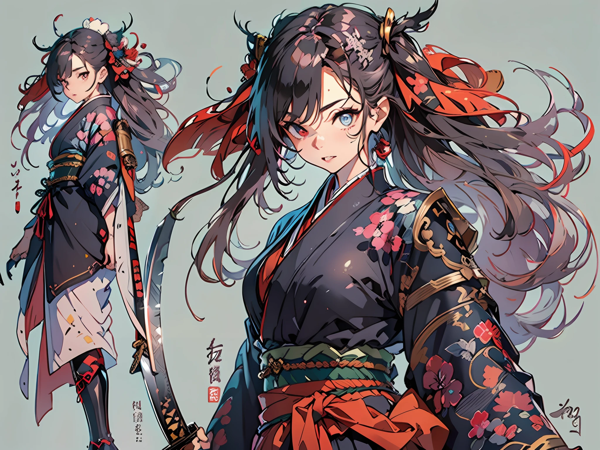 (Photorealsitic:1.4), (Dynamic Angle:1.6), (Girl Slashing a Giant Devil:1.2), (beautifully detailed eyes), (beautiful and detailed face), Perfect female body, (neat figure:1.2), Slender waist, (18year old),Very big eyes, watery lips, (Sober haori hakama:1.4),(Red haori and black gauntlet), long boots, (Fight with two Japan swords:1.4), Best Quality,Ultra-detailed, High resolution, extremely details CG, Unity 8k壁纸, Official art, production art, novel illustration, by famous artist, Caustics, textile shading, super detailed skin, Perfect Anatomy, detaileds, Cinematic lighting, Dynamic lighting, Beautiful detailed eyes, (top-quality), (ultra-detailliert), (masuter piece), (hight resolution), (Original), Character Design, Game CG, Detailed Manga Illustration, Realistic head-to-body size ratio:1.2