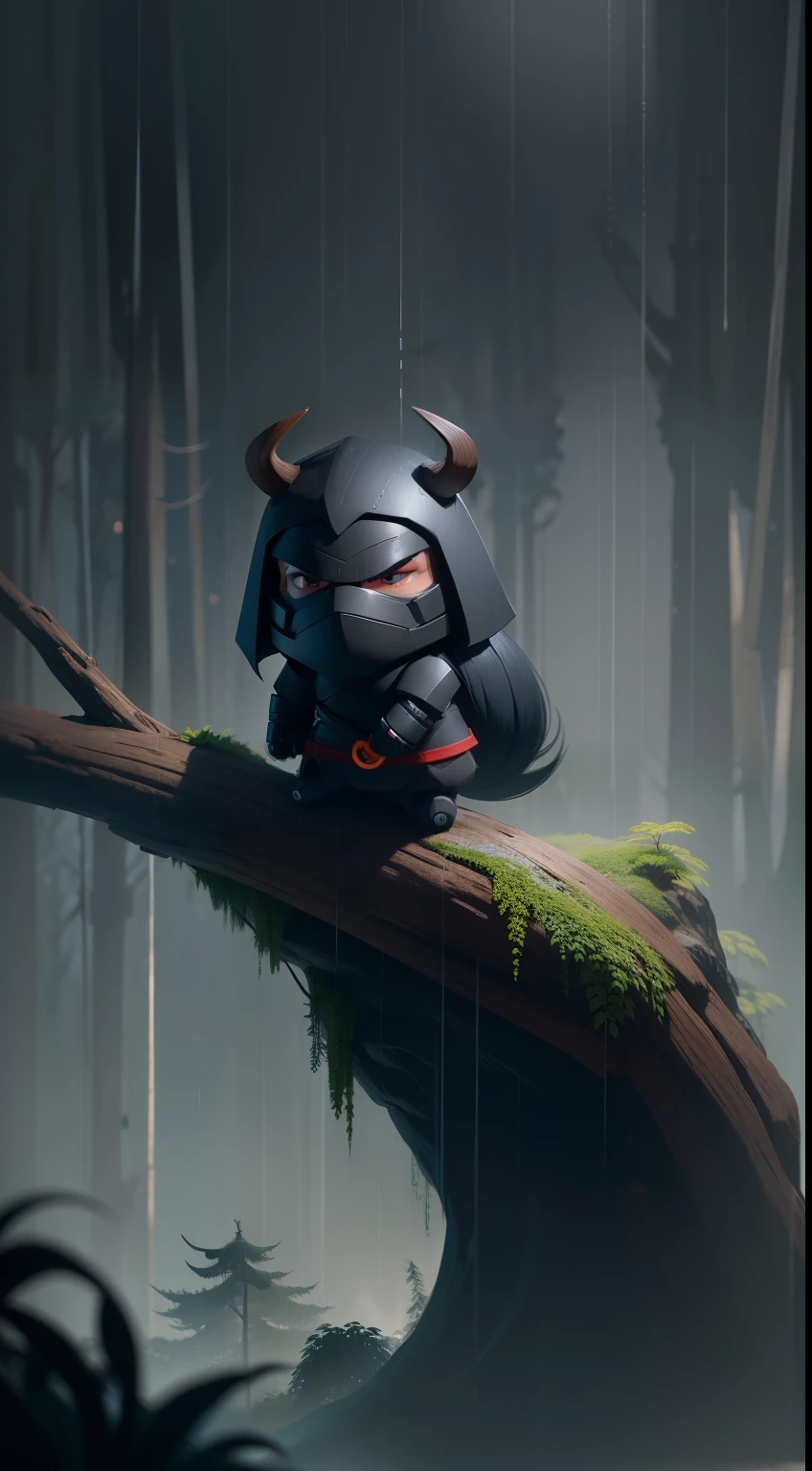 Create a vibrant dark fantasy cute ninja mammoth in a clean-lined minimalistic cartoon style, in the background a beautiful forest, rain, octane render, 8k