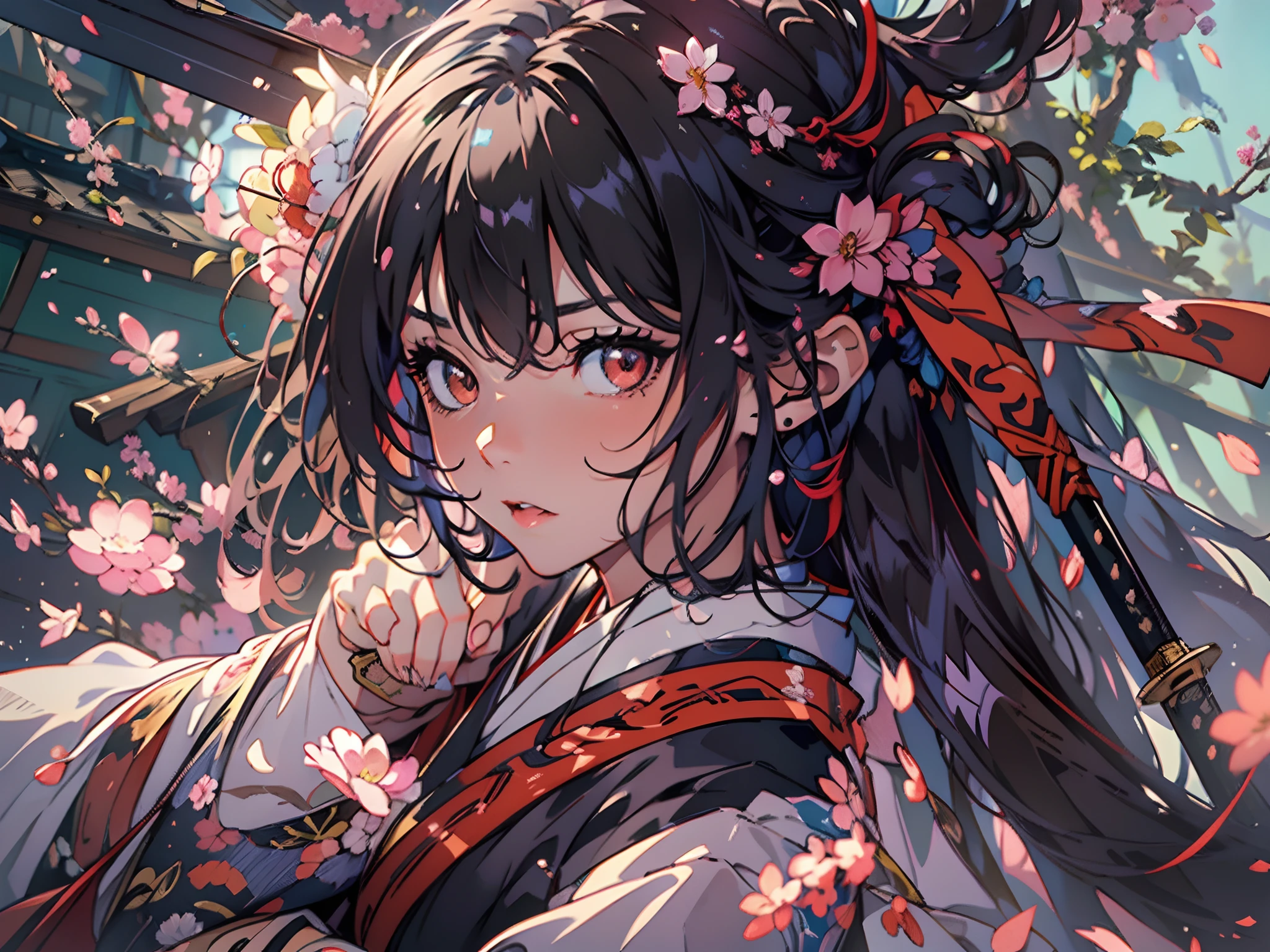 (Photorealsitic:1.4), (Dynamic Angle:1.6), (A girl attacks a huge demon:1.2), (beautifully detailed eyes), (beautiful and detailed face), Perfect female body, (neat figure:1.2), Slender waist, (18year old),Very big eyes, watery lips, (Sober haori hakama:1.4),(Red haori and black gauntlet), long boots, (Japanese sword in right hand、Fight with a shotgun in your left hand:1.4), Temples and shrines studded with cherry blossom petals, Best Quality, Ultra-detailed, High resolution, extremely details CG, Unity 8k壁纸, Official art, production art, novel illustration, by famous artist, Caustics, textile shading, super detailed skin, Perfect Anatomy, Detailed, Cinematic lighting, Dynamic lighting, Beautiful detailed eyes, (top-quality), (ultra-detailliert), (masuter piece), (hight resolution), (Original), Character Design, Game CG, Detailed Manga Illustration, Realistic head-to-body size ratio:1.2
