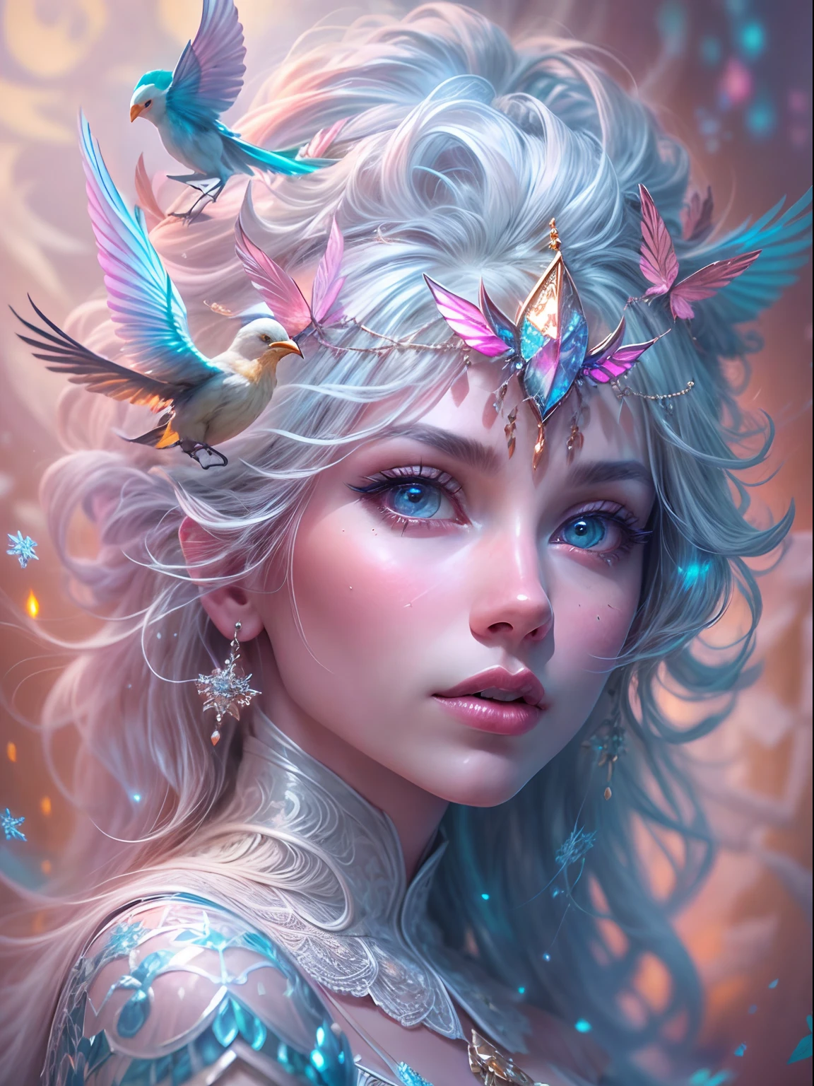 Generate a pretty and realistic fantasy artwork with bold jewel-toned ((((pink and blue)))) hues, pretty glitter and shimmer, and lots of snowflakes. Generate a luminous and petite woman with curly hair, metallic hair, and realistically textured hair. Her skin is pure white and seems to glow in the light. The woman's face is important: include ((soft, puffy, big lips, elegant features, and the most beautiful detailed macro eyes)) in the world. The woman is in a winter landscape with soft falling snow and snowflakes, soft white fur, subtle iridescent details, subtle phantasmal iridescent details, and intricate and delicate jewelry that glimmers in the light. Include many small fantasy details like gossamer silk, feathers, delicate and stunning embroidery, and luminous lighting that glimmers. The woman's face is unobscured by details and her eyes are sharp and in high resolution. Incorporate dreamy colors, dynamic lighting, and detailed background elements to create a sense of awe and immersion. Include colorful flying magical birds and jewel-toned butterflies radiating a magical aura. Consider the latest trends in fantasy art, such as incorporating unique lighting effects, exploring dynamic and compelling composition techniques, and experimenting with unique color palettes. Take inspiration from the top artists on ArtStation and Midjourney. Camera: Choose an angle that highlights the character's beauty and enhances the magical majesty of the artwork. Lighting: Utilize atmospheric lighting techniques to create depth and mood. Resolution: Aim for a high-resolution artwork to showcase intricate details and clarity. Art Inspirations: Seek inspiration from the trending artists on ArtStation, exploring different styles, genres, and themes. white skin, pale skin, really pale skin, really white skin, beautiful eyes, fantasy details, shimmer, glimmer, magical birds, magical butterflies, ornate, (((masterpiece))), add_detail:1, earth \(planet\),