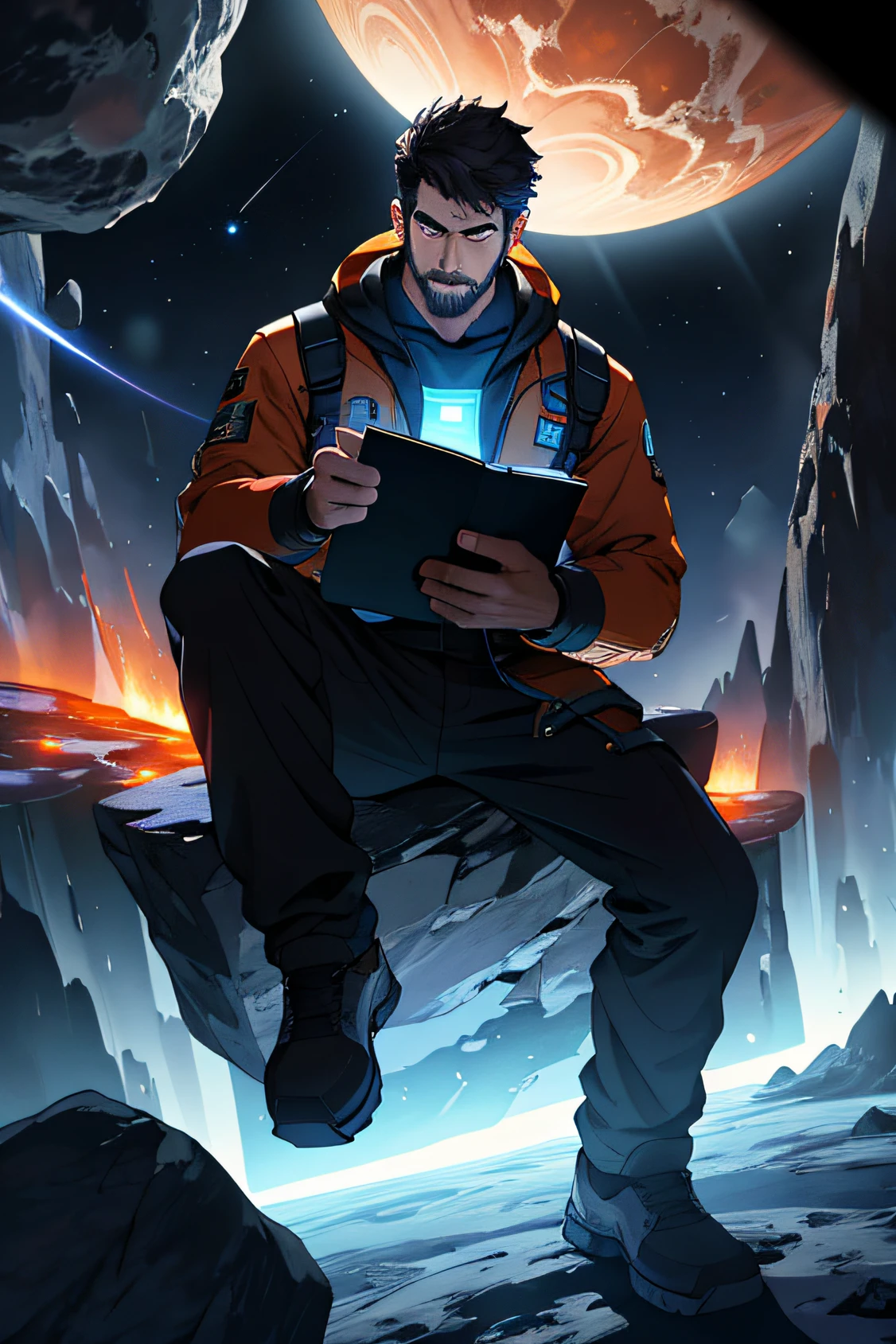 Draw a young programmer, sitting on a research platform floating in the middle of an asteroid belt. He is studying with a notebook, surrounded by several asteroids glowing with fiery auras. Dramatic lighting from distant stars and planets illuminates the scene, casting deep shadows on the suit. The young man looks confident and determined, looking at the vast and mysterious universe with wonder and respect,facial hair, cowboy shot,