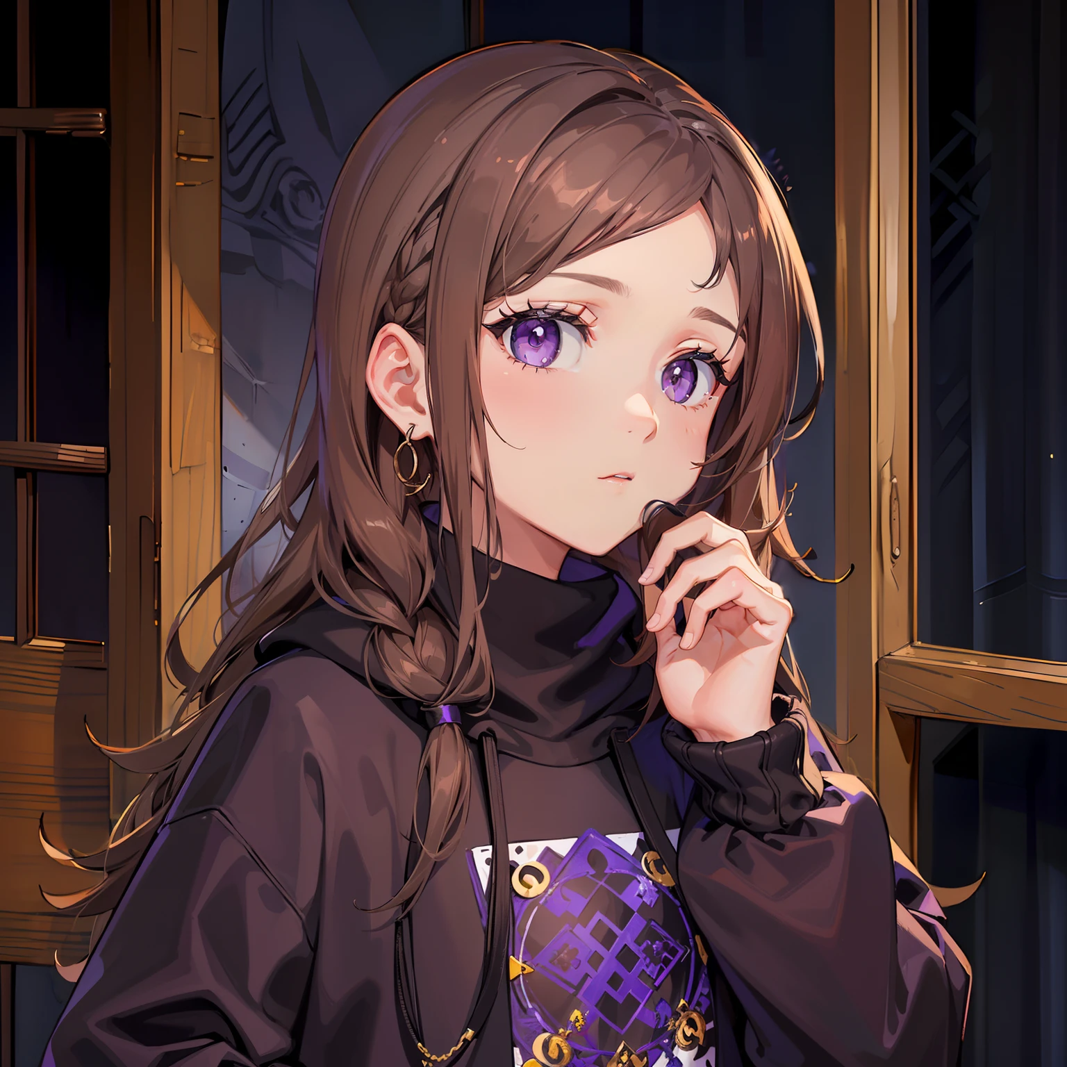 ((moletom+roupa+moletom:1.2+traje casual):(cabelos longos:cabelos compridos*1.1+(brown hair+cor castanho:1.1)+
(Purple eyes+- Olhos Roxos:1.05):1.2+vestido:1.2+19 anos+Adolescente*1.1)), cabelos soltos, franja