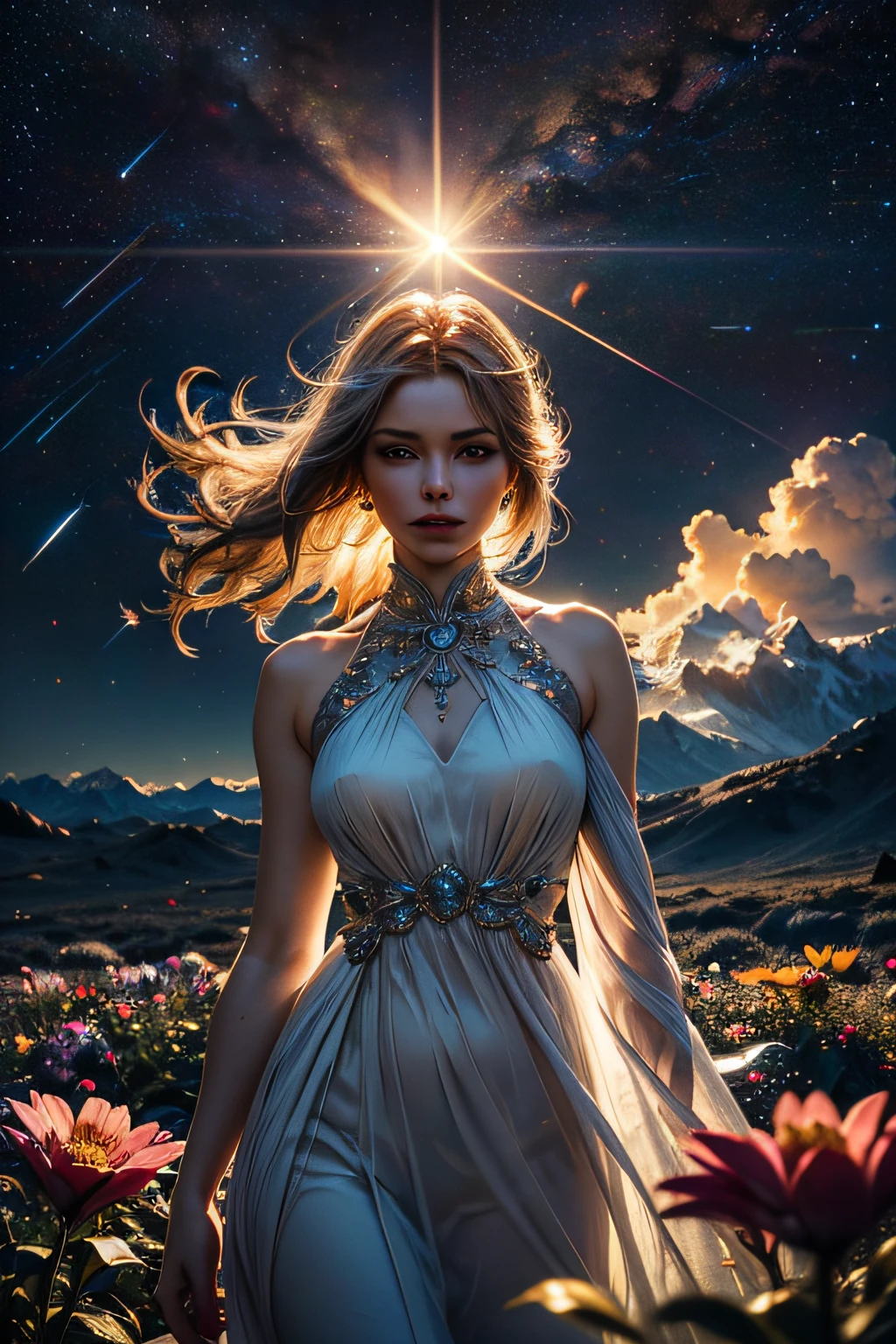 Woman eagle, long dress detailed, ((bloom)), (masterpiece), (mindfully colorful), divine rays, (ultra high quality), (8K quality ), depth of field, bursts of wind, ((soft detail)), dark style, ((ray tracing effect)), (realistic: 1.3), (sharpened), mountain, multi layers, high gloss, detailed flare, (body curved), DLSR, 8K UHD, (sun glare), detailed ambient lighting, glitters, (intense sun), sunny day complet, clouds, ((orion belt))