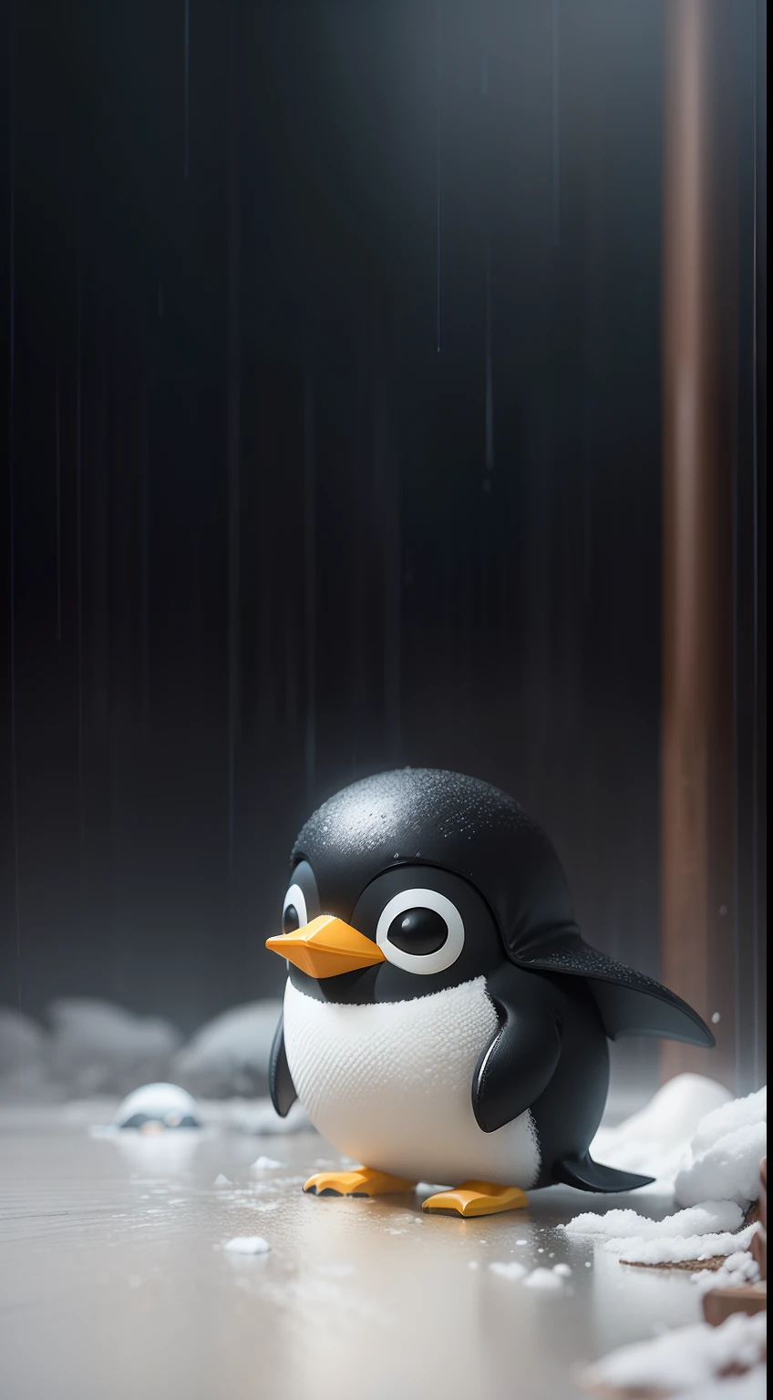 Create a vibrant dark fantasy cute ninja penguin in a clean-lined minimalistic cartoon style, in the background a beautiful forest, rain, octane render, 8k