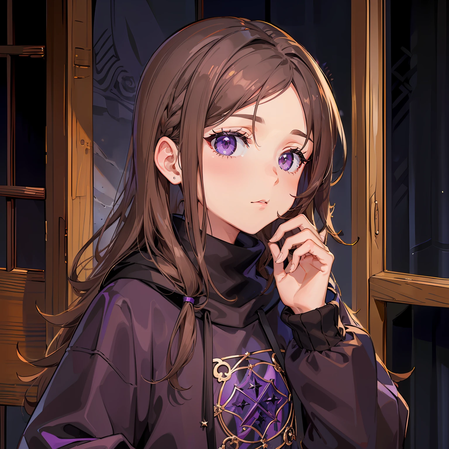 ((moletom+roupa+moletom:1.2+traje casual):(cabelos longos:cabelos compridos*1.1+(brown hair+cor castanho:1.1)+
(Purple eyes+- Olhos Roxos:1.05):1.2+vestido:1.2+19 anos+Adolescente*1.1)), cabelos soltos, franja