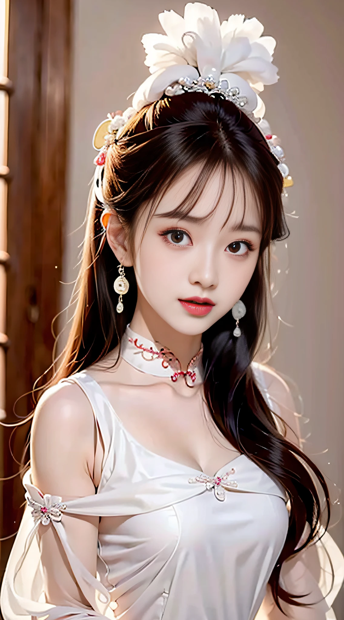 Best quality at best， tmasterpiece， beautiful  face， 1girll， Long_Hair， 独奏， The upper part of the body_Body， Porcelain dress，shift dresses，hair adornments， choker necklace， jewely， long whitr hair， 耳Nipple Ring， Chinese outfit(8K, RAW photo, Photorealistic:1.25) ,( Gloss on lips, eyeslashes, gloss face, Glossy glossy skin, best qualtiy, 超高分辨率, depth of fields, color difference, Caustics, Wide light, naturalshadow, Kpop idol) Being in the room，European style，sitted，sliver long hair，White cheongsam，Red trim，Medium chest detail,8K resolution,超高分辨率,A young girl, A cute girl，short detailed hair，hair-bun，lipsticks，Tassel earrings，choker necklace，Black clear eyes，Smooth hair,鎖骨,Exquisite and perfect facial features, the most beautiful big eyes,Long eyelashes,The eyes are sweet and there are lying silkworms，dynamic angle,Extreme picture quality,Highest precision,Precise and perfect human anatomy，(((Antique tulle red Hanfu，Red embroidery)))，((sitted))，Warm scene，超高分辨率，Ultra-clear vintage black flowing hair，Delicate bun）By bangs，（Long flowing hair，With a bun:1.3）），Delicate collarbones，beautiful make up，Exquisite and perfect facial features，，Big watery eyes，Lying silkworm，Long eyelashes，The eyes are sweet and have eye shadow，Slim waist，Do not show your hands，，lipsticks，Blushlush，Delicate earring earrings，pearls necklace