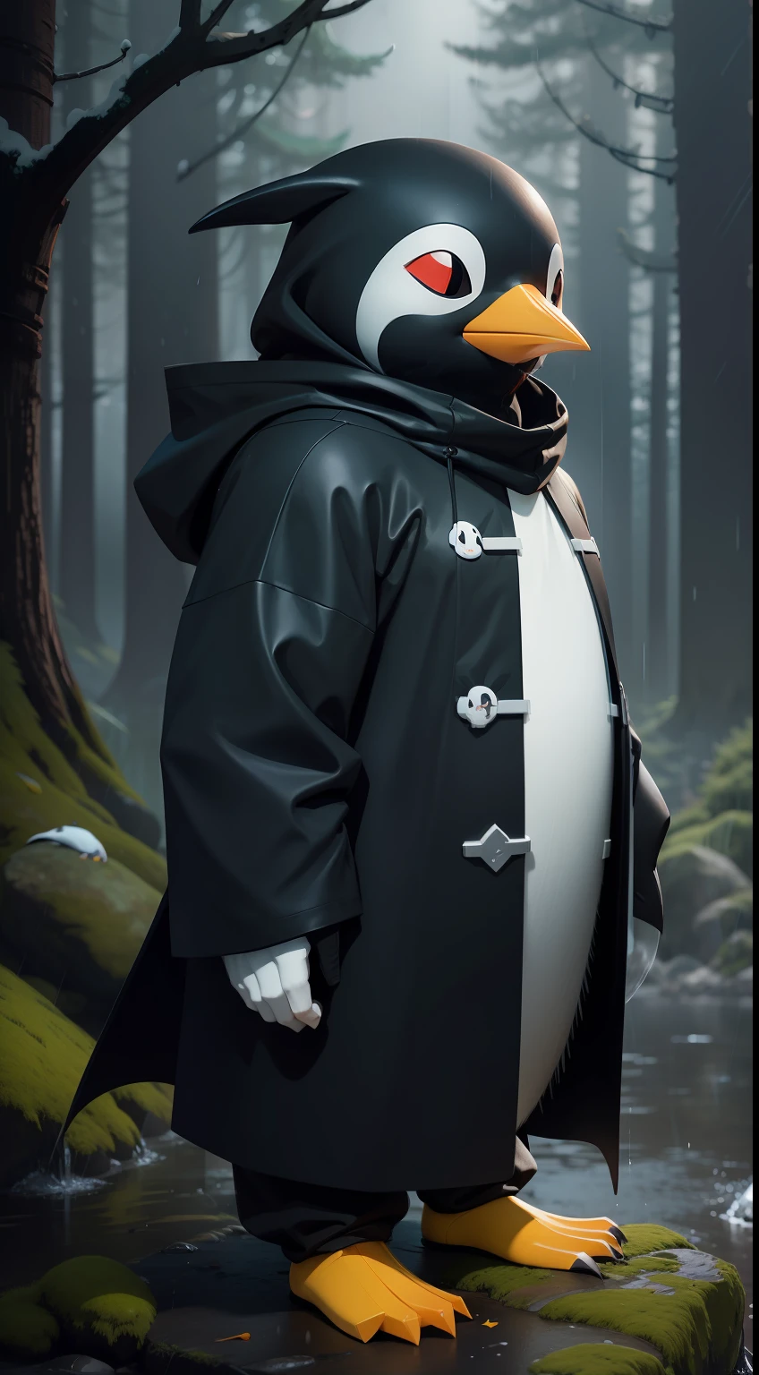 Create a vibrant dark fantasy cute ninja penguin in a clean-lined minimalistic cartoon style, in the background a beautiful forest, rain, octane render, 8k