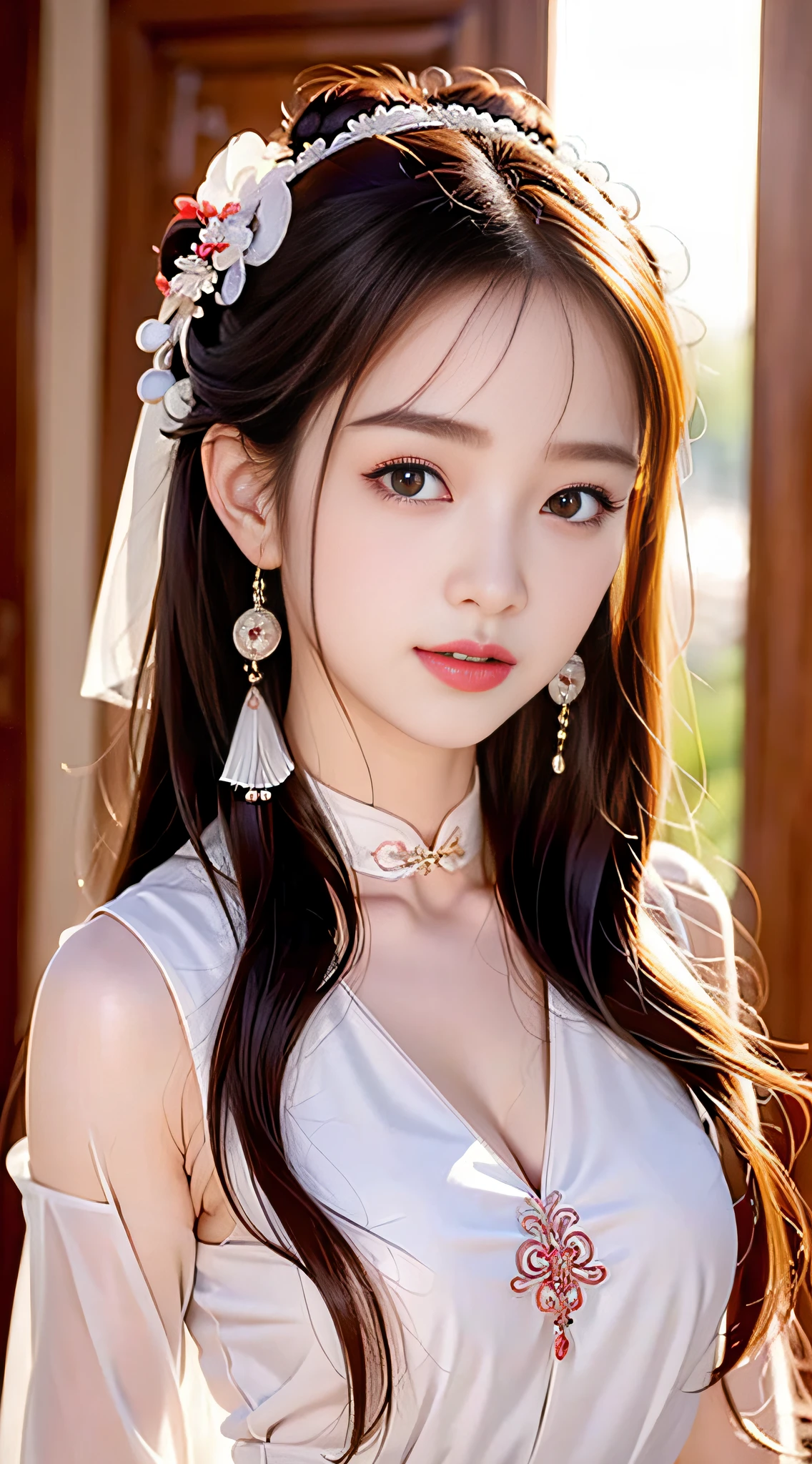 Best quality at best， tmasterpiece， beautiful  face， 1girll， Long_Hair， 独奏， The upper part of the body_Body， Porcelain dress，shift dresses，hair adornments， choker necklace， jewely， long whitr hair， 耳Nipple Ring， Chinese outfit(8K, RAW photo, Photorealistic:1.25) ,( Gloss on lips, eyeslashes, gloss face, Glossy glossy skin, best qualtiy, 超高分辨率, depth of fields, color difference, Caustics, Wide light, naturalshadow, Kpop idol) Being in the room，European style，sitted，sliver long hair，White cheongsam，Red trim，Medium chest detail,8K resolution,超高分辨率,A young girl, A cute girl，short detailed hair，hair-bun，lipsticks，Tassel earrings，choker necklace，Black clear eyes，Smooth hair,鎖骨,Exquisite and perfect facial features, the most beautiful big eyes,Long eyelashes,The eyes are sweet and there are lying silkworms，dynamic angle,Extreme picture quality,Highest precision,Precise and perfect human anatomy，(((Antique tulle red Hanfu，Red embroidery)))，((sitted))，Warm scene，超高分辨率，Ultra-clear vintage black flowing hair，Delicate bun）By bangs，（Long flowing hair，With a bun:1.3）），Delicate collarbones，beautiful make up，Exquisite and perfect facial features，，Big watery eyes，Lying silkworm，Long eyelashes，The eyes are sweet and have eye shadow，Slim waist，Do not show your hands，，lipsticks，Blushlush，Delicate earring earrings，pearls necklace