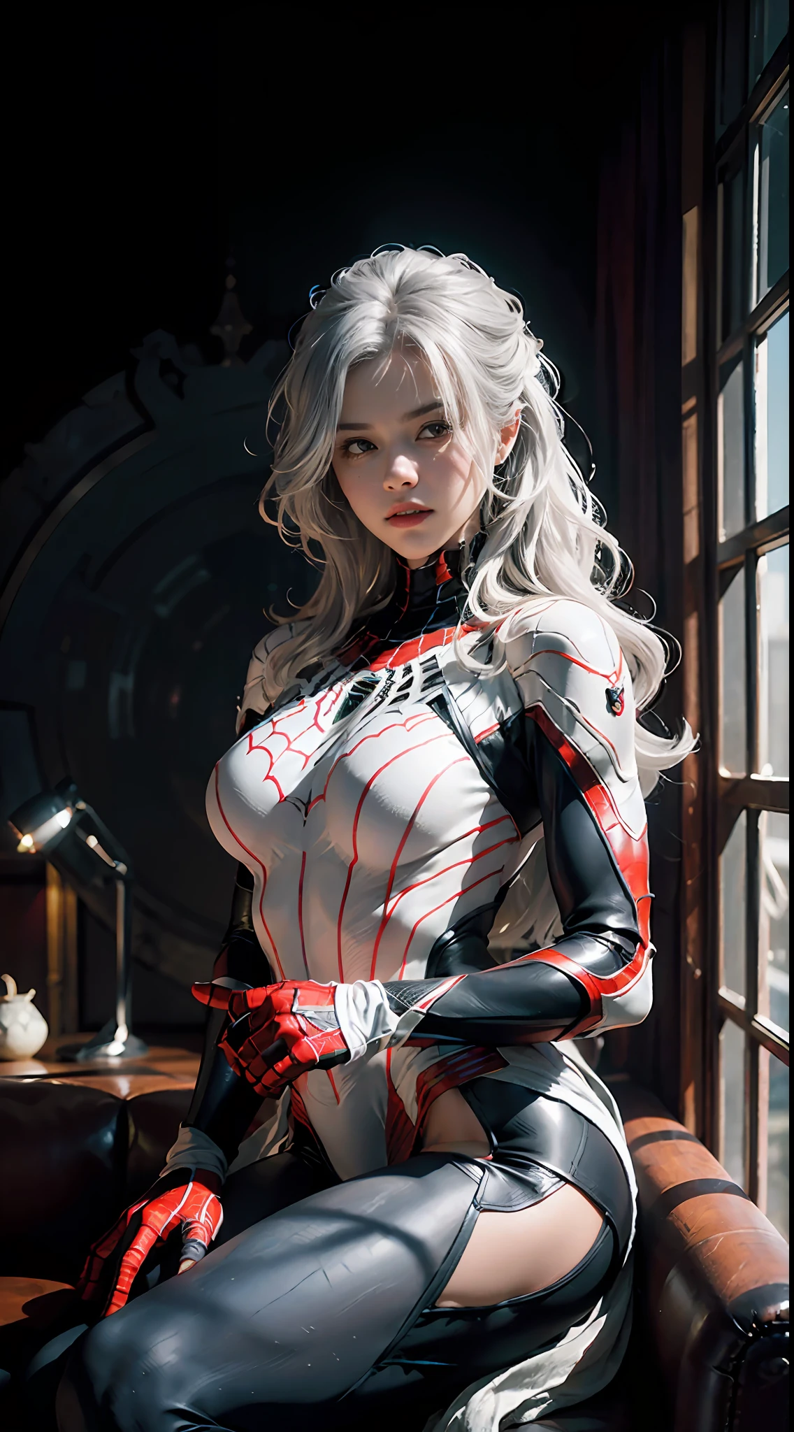 (Extreme Detail CG Unity 8K wallpaper, masterpiece, highest quality), (Exquisite lighting and shadow, highly dramatic picture, Cinematic lens effect), a girl in a white Spider-Man costume, silver gray hair color, from the Spider-Man parallel universe, Wenger, Marvel, Spider-Man, sitting on the couch, dynamic pose), (excellent detail, excellent lighting, wide angle), (excellent rendering, enough to stand out in its class), focus on white Spider-Man costumes, complex spider textures