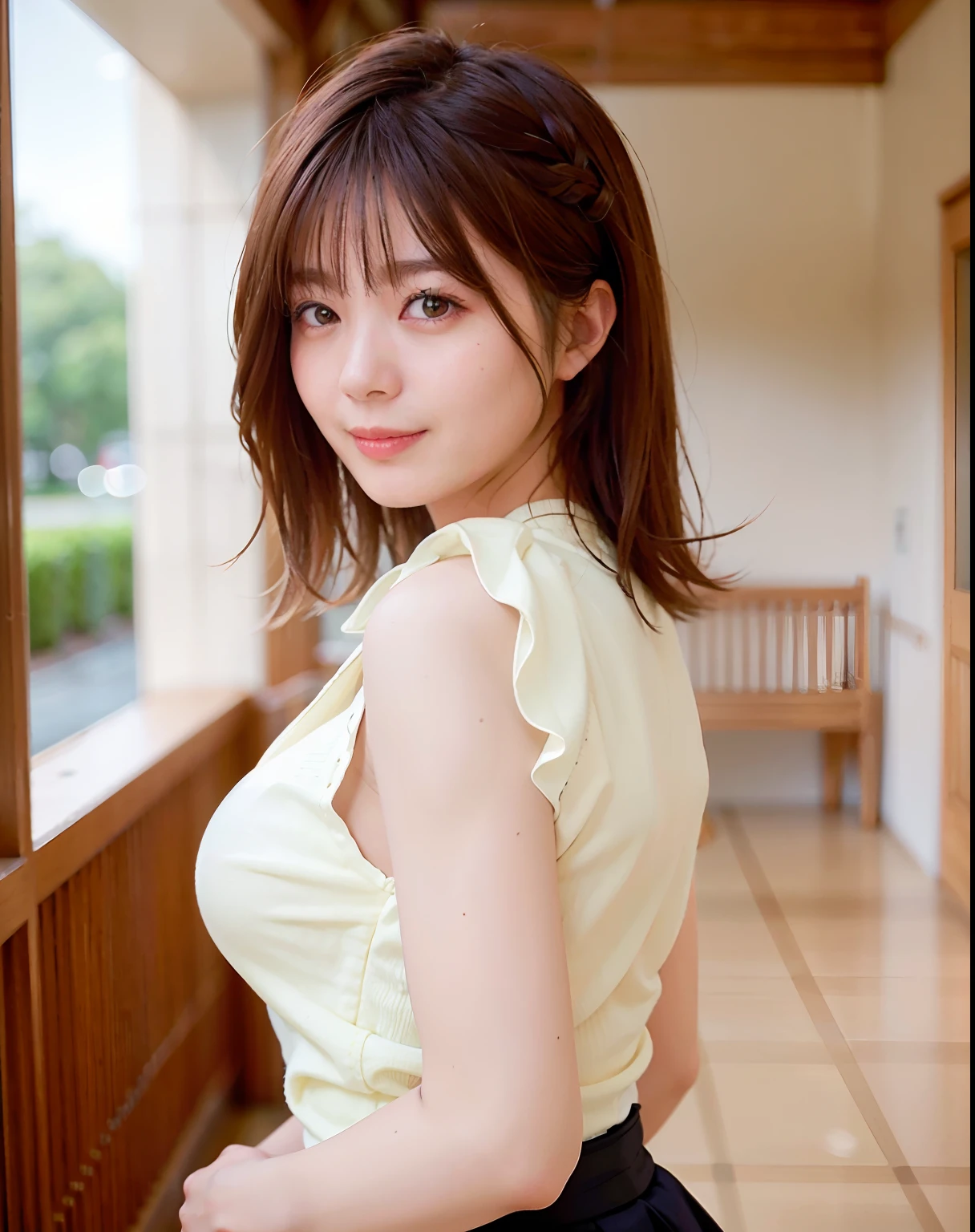 Top Quality, Face Focus, Soft Light, (Depth of Field), Ultra High Resolution, (Photorealistic: 1.4), RAW Photo, (Portrait: 1.4), (From Back: 1.4)
1 Japan girls, Solo, Cute, (shy, smile:1.1), (brown eyes), Detail beautiful face, (midi_hair),Brown hair, braided hair
The great hall of the castle of Europe, walking,
(formal attire: 1.2), (too big breasts)