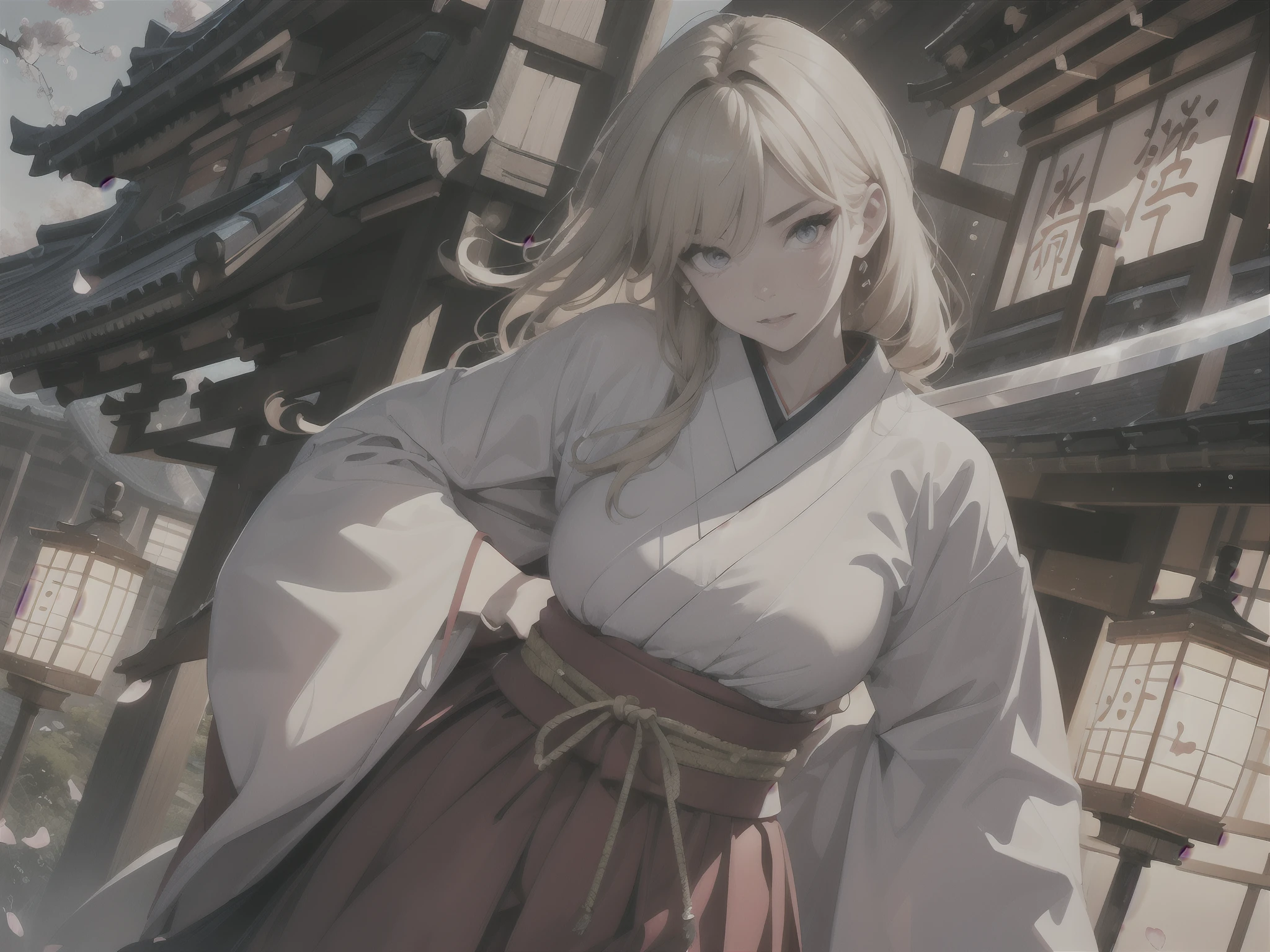 (Photorealsitic:1.4), (Dynamic Angle:2.1), a japanese girl, (A girl attacks a giant Japan demon:1.2), (beautifully detailed eyes), tied up long hair, (beautiful and detailed face), Perfect female body, (neat figure:1.2), Slender waist, (18year old),Very big eyes, (Sober haori hakama:1.4),(Dark blue haori and gold gauntlet), long boots, (Fight with a Japan sword in both hands:1.4), Shrine studded with cherry blossom petals, Best Quality, Ultra-detailed, High resolution, extremely details CG, Unity 8k壁纸, Official art, production art, novel illustration, by famous artist, Caustics, textile shading, super detailed skin, Perfect Anatomy, detaileds, Cinematic lighting, Dynamic lighting, Beautiful detailed eyes, (top-quality), (ultra-detailliert), (masuter piece), (hight resolution), (Original), Character Design, Game CG, Detailed Manga Illustration, Realistic head-to-body size ratio:1.2