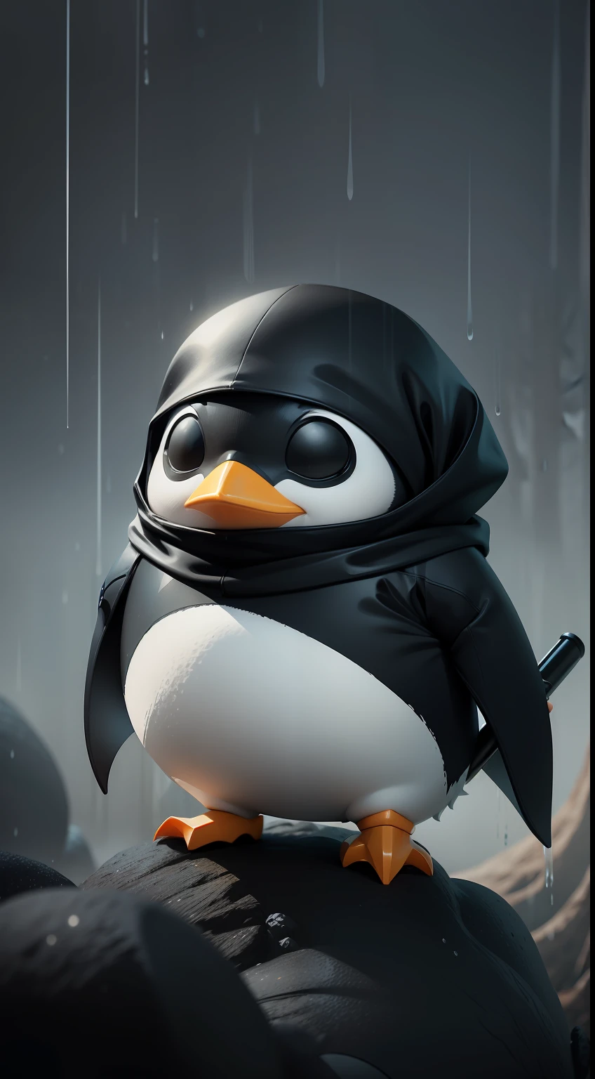Create a vibrant dark fantasy cute ninja penguin in a clean-lined minimalistic cartoon style, in the background a beautiful forest, rain, octane render, 8k