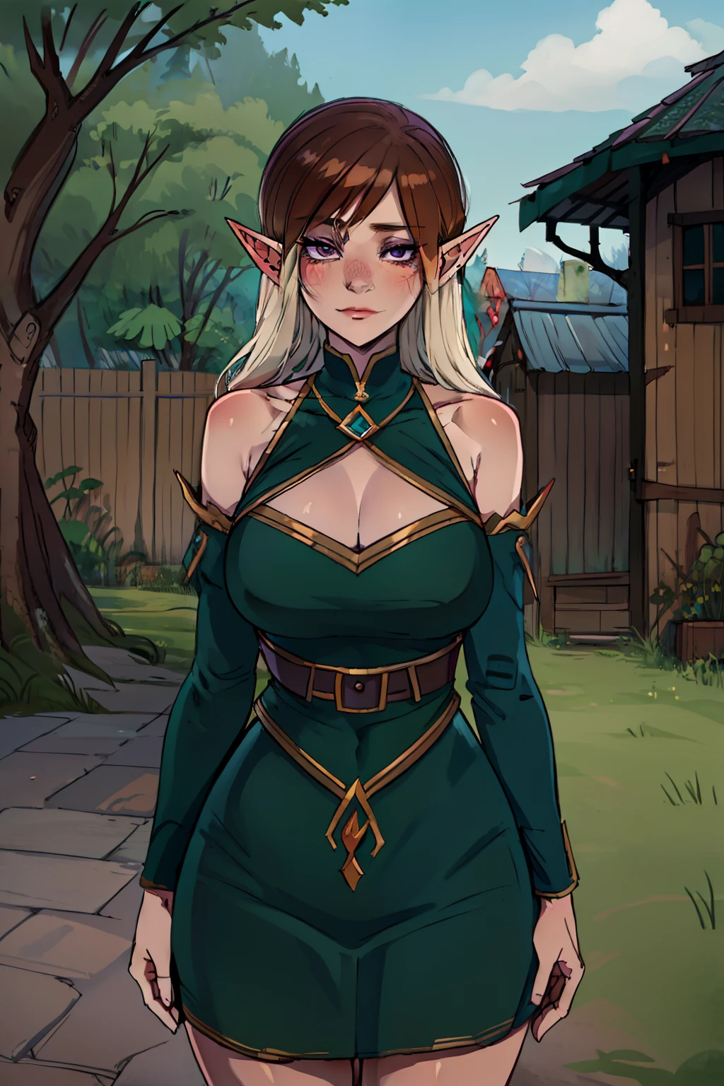 "Beautiful young elf girl, wearing an unrevealing and conservative green dress, standing innocently outside of an elfish village house decorated with elfish ornamentation and patterns, long brown hair with fringe, purple eyes, elf ears, submissive, obedient, innocent, best quality, masterpiece, ultra-detailed, award winning art, portrait"