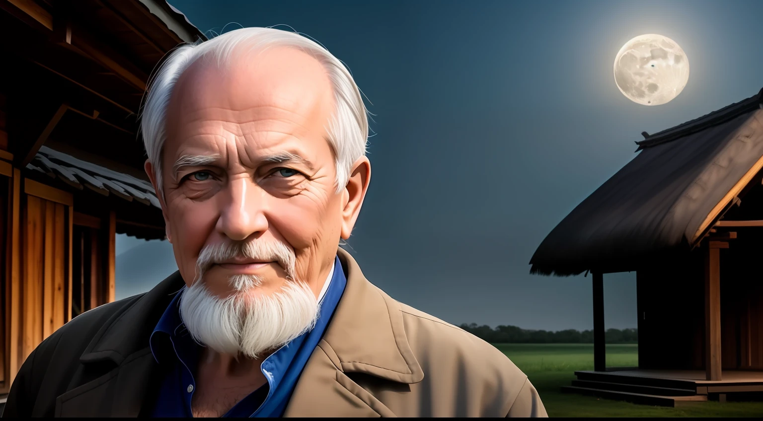 The Arafelds sat on the wood in front of the hut,The background is the full moon。, Wise old man, An old man, old man, portrait photo of an old man, pexels contest winner, Midshot Portrait, Portrait shooting, The saint looks into the distance, Sharp focus,with piercing eyes,详细的脸,high detal,author:Ihor Podolchak, mid shot portrait, moon behind him