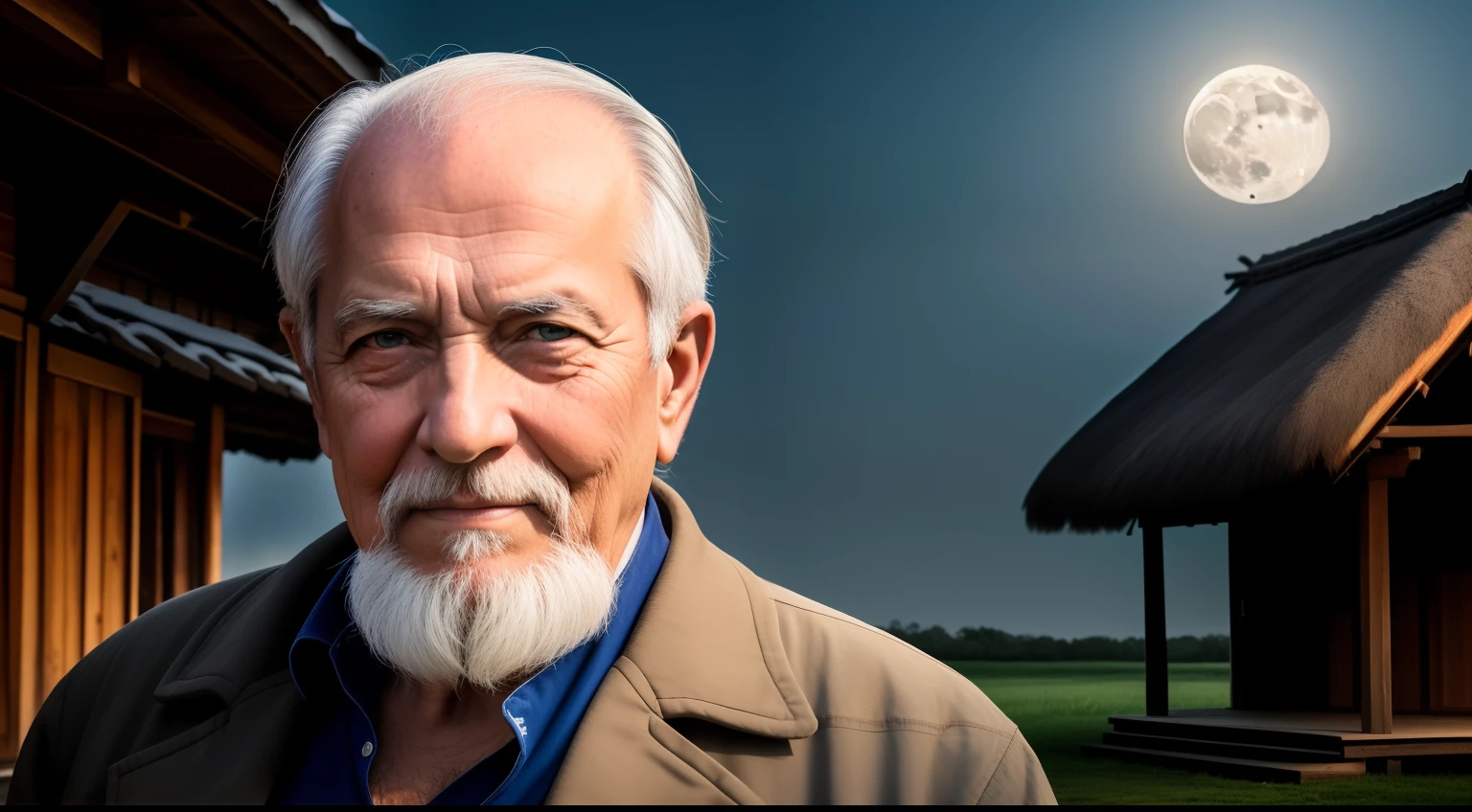 The Arafelds sat on the wood in front of the hut,The background is the full moon。, Wise old man, An old man, old man, portrait photo of an old man, pexels contest winner, Midshot Portrait, Portrait shooting, The saint looks into the distance, Sharp focus,with piercing eyes,详细的脸,high detal,author:Ihor Podolchak, mid shot portrait, moon behind him