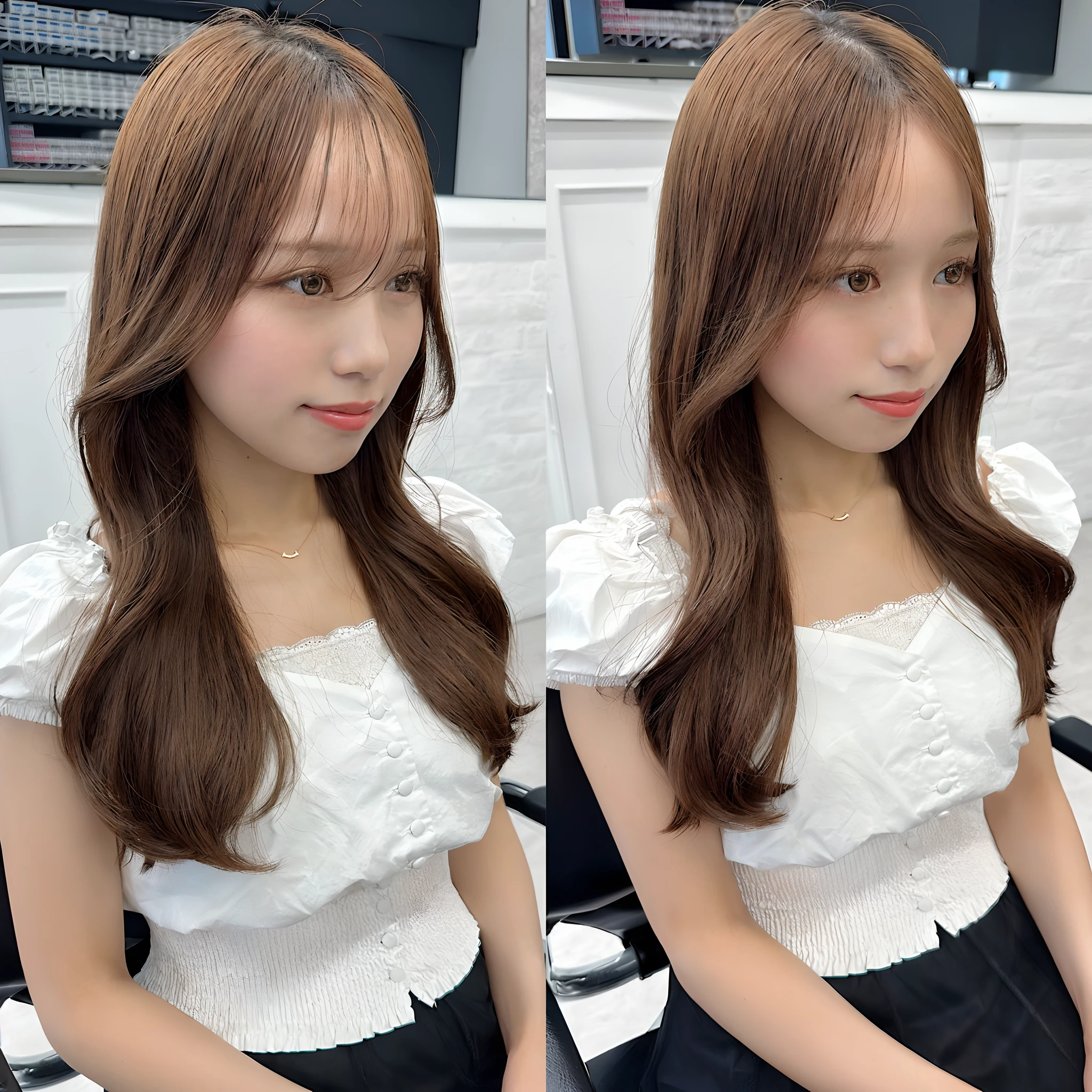 There are two photos of a woman with long hair sitting on a chair, brown long hair with bangs, brown flowing hair, light brown neat hair, brown colored long hair, shoulder-length brown hair, Brown color, hime-cut, long hair with full bangs, Brown hair with bangs, long flowing brown hair, Parted light brown hair, With brown hair
