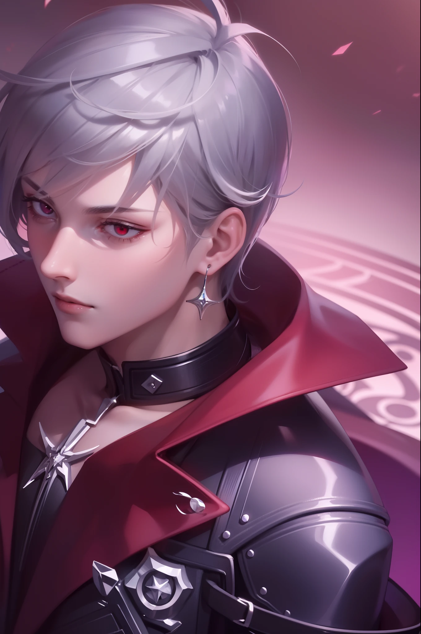 Attractive profile picture, masterpiece, ultra-precise rendering, beautiful and cool young man, trustworthy, dependable young man, savior of the world, simple design, most beautiful image, 4K, the color of the clothes is the same as the original, red eyes, white hair.