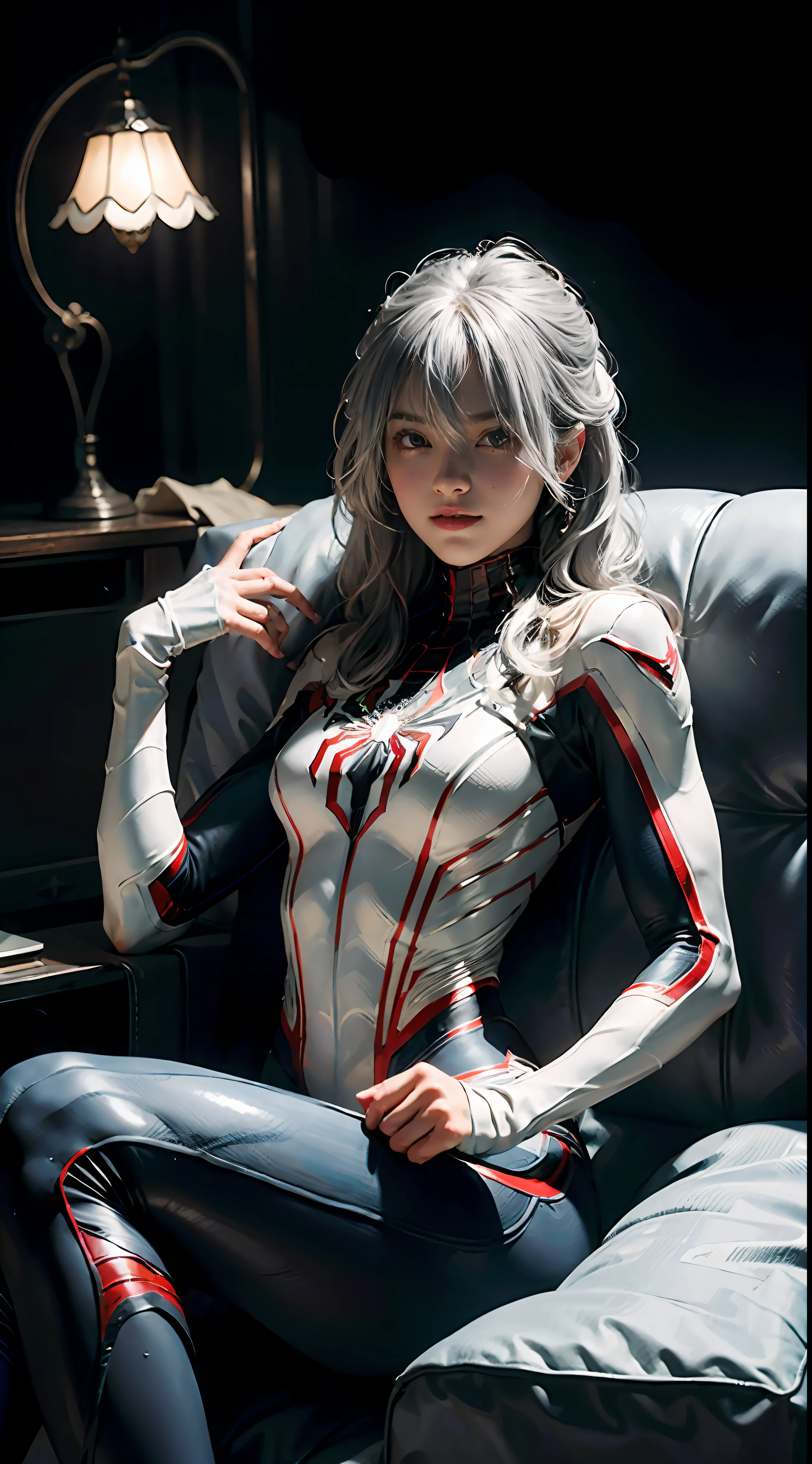 (Extreme Detail CG Unity 8K wallpaper, masterpiece, highest quality), (Exquisite lighting and shadow, highly dramatic picture, Cinematic lens effect), a girl in a white Spider-Man costume, silver gray hair color, from the Spider-Man parallel universe, Wenger, Marvel, Spider-Man, sitting on the couch, dynamic pose), (excellent detail, excellent lighting, wide angle), (excellent rendering, enough to stand out in its class), focus on white Spider-Man costumes, complex spider textures