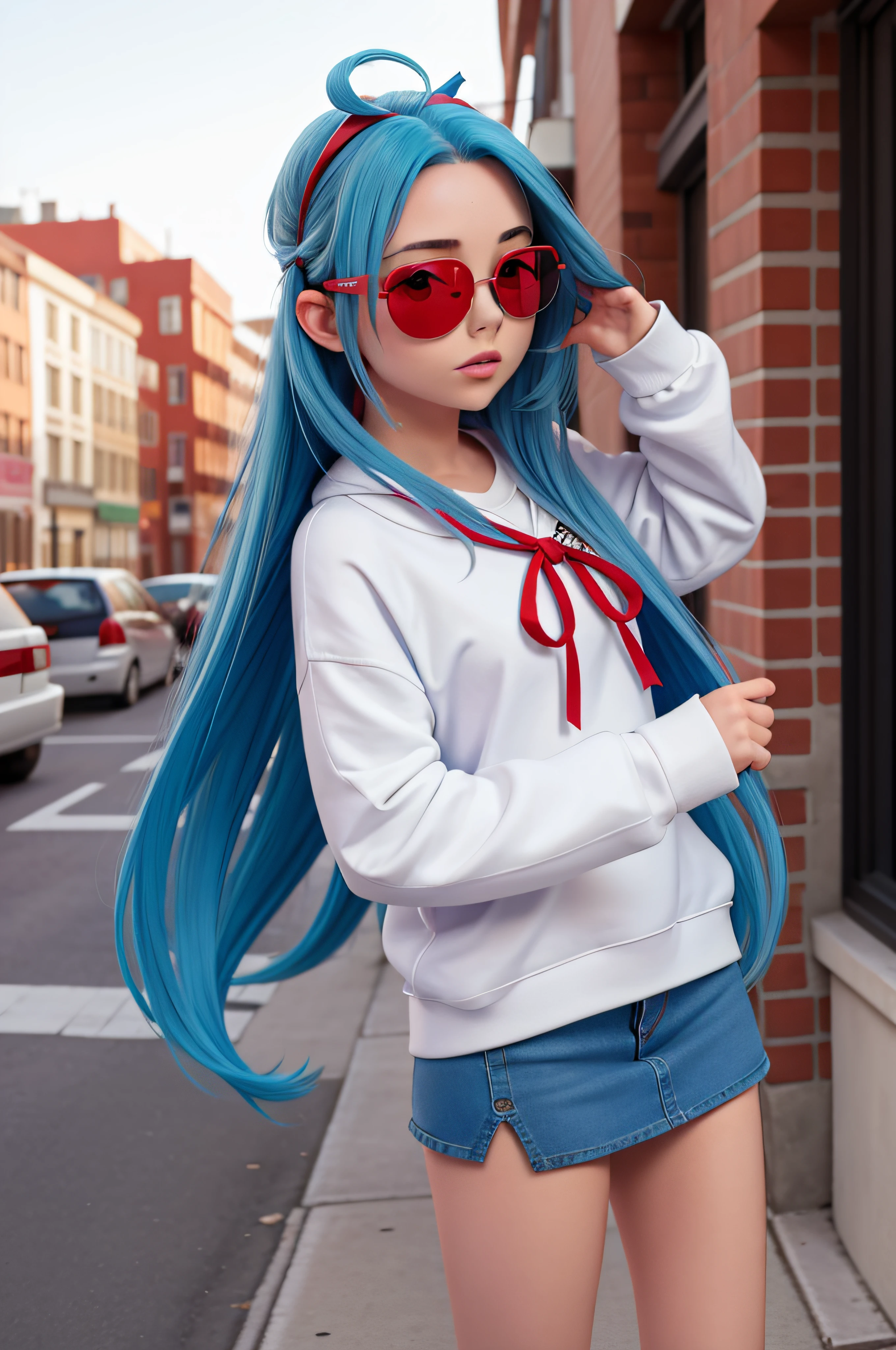 1 girl, 20 years old, long blue hair, short white sweatshirt, red miniskirt, colored ribbon in hair, sunglasses, city