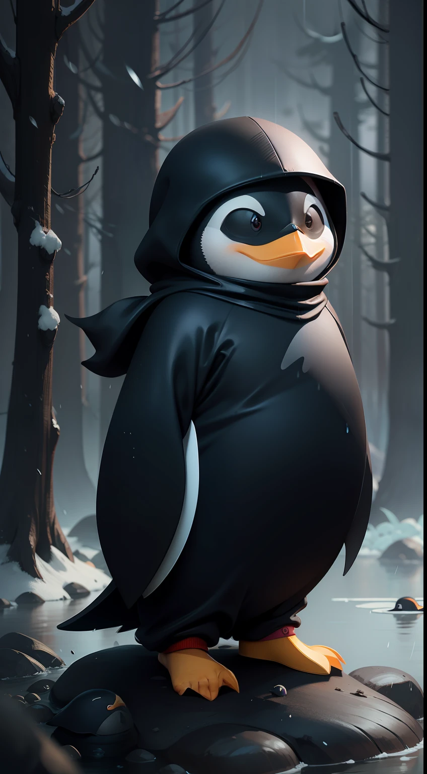 Create a vibrant dark fantasy cute ninja penguin in a clean-lined minimalistic cartoon style, in the background a beautiful forest, rain, octane render, 8k