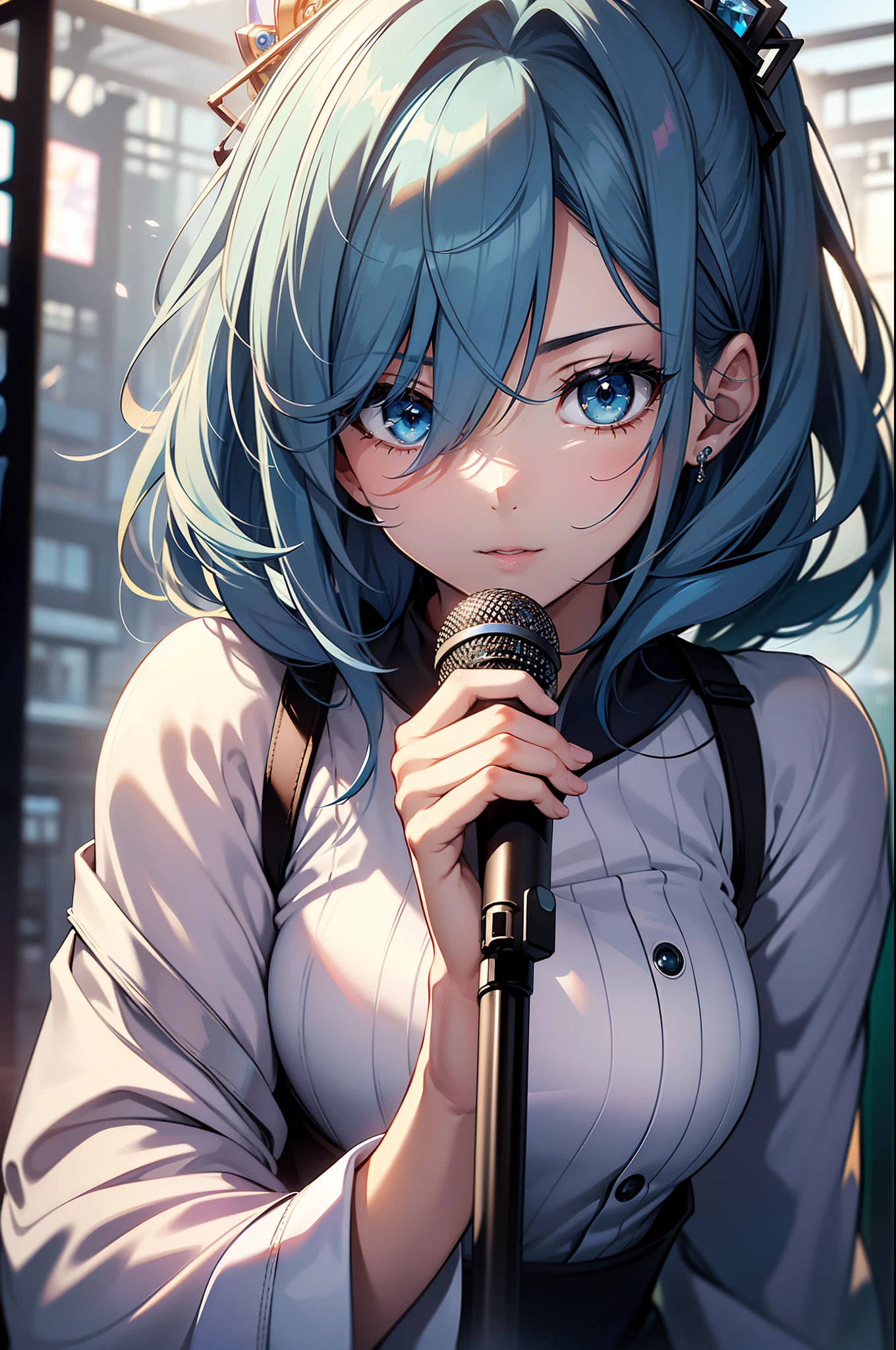 Random posture、mix4、(8K、RAW Photos、top-quality、​masterpiece:1.2)、holding the mic、Inner mesh, with blue hair, , Japan band gal style, beautiful blue haired girl, flowing blue hair, rich blue colors, Sing hard、（Background Live House）One girl、profetional lighting、（​masterpiece）、（Elaborate CG）top quality photo, hight resolution, 1080p, (Clear face), (Detailed face description), (Detailed hand description）、（​masterpiece）、（Elaborate CG）、extreme light and shadows、dishevled hair、The work of the master、abundant detail、（Fine facial features）、（top quality photo）、（​masterpiece）、（A detailed eye）、Look in front of you、Sing hard in front of your eyes