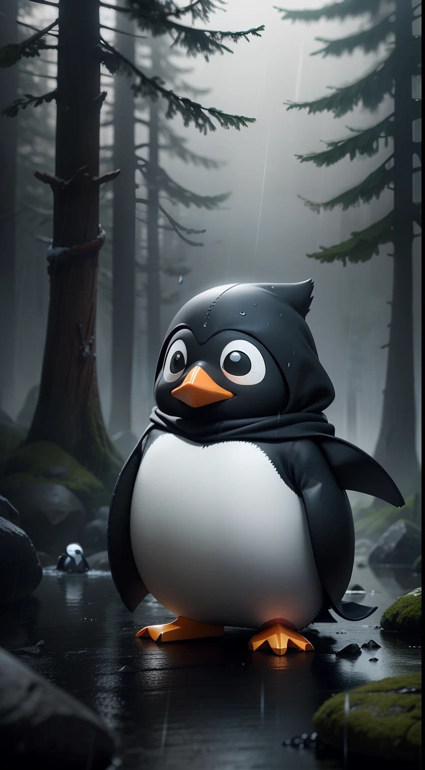Create a vibrant dark fantasy cute ninja penguin in a clean-lined minimalistic cartoon style, in the background a beautiful forest, rain, octane render, 8k