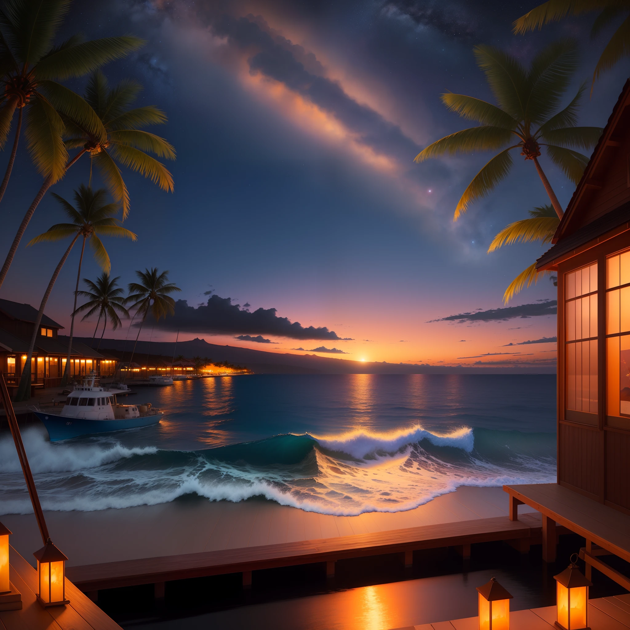 Hawaii Lahaina burning, painting view from the water, at night, beautiful sky with stars, moon, style by christian lassen, Best quality, realistic, award-winning oil painting in color, (complicated detail: 1.2), (fine detail) christian lassen style