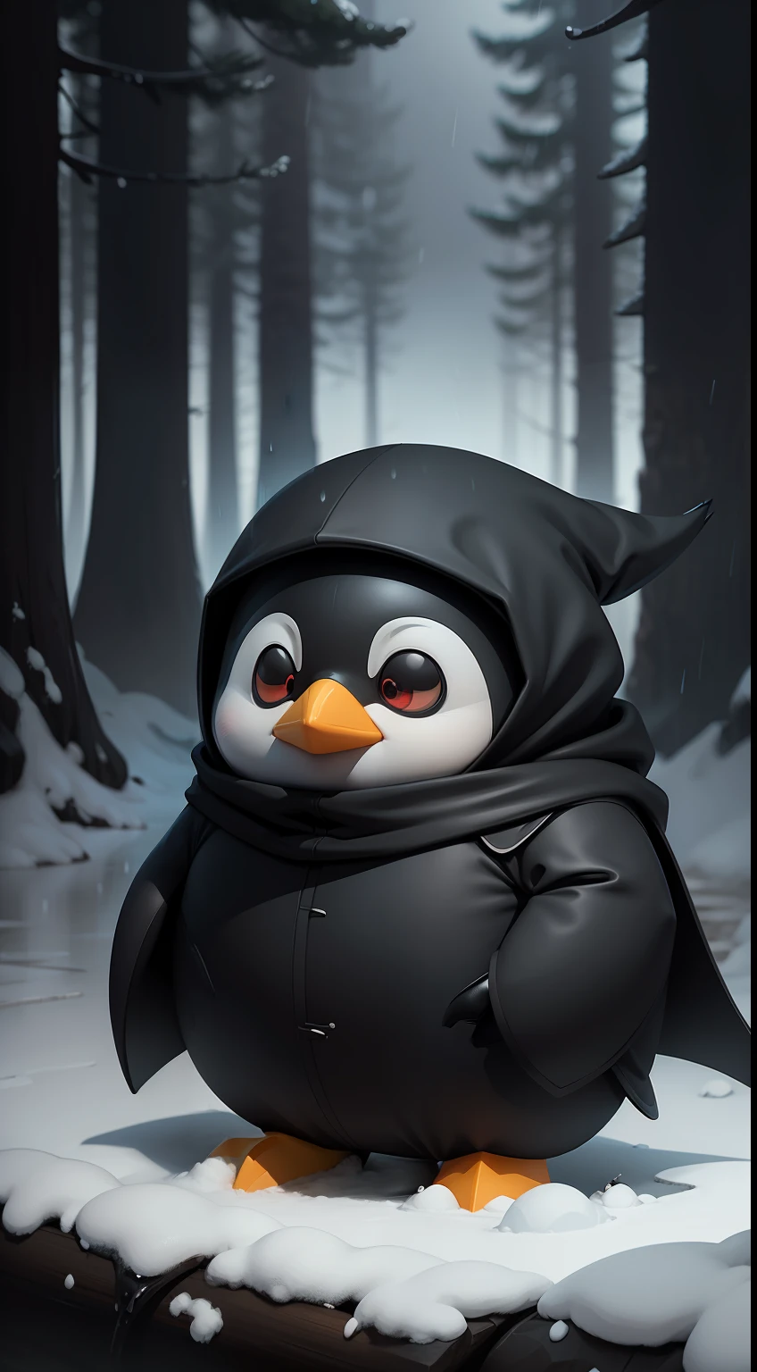 Create a vibrant dark fantasy cute ninja penguin in a clean-lined minimalistic cartoon style, in the background a beautiful forest, rain, octane render, 8k
